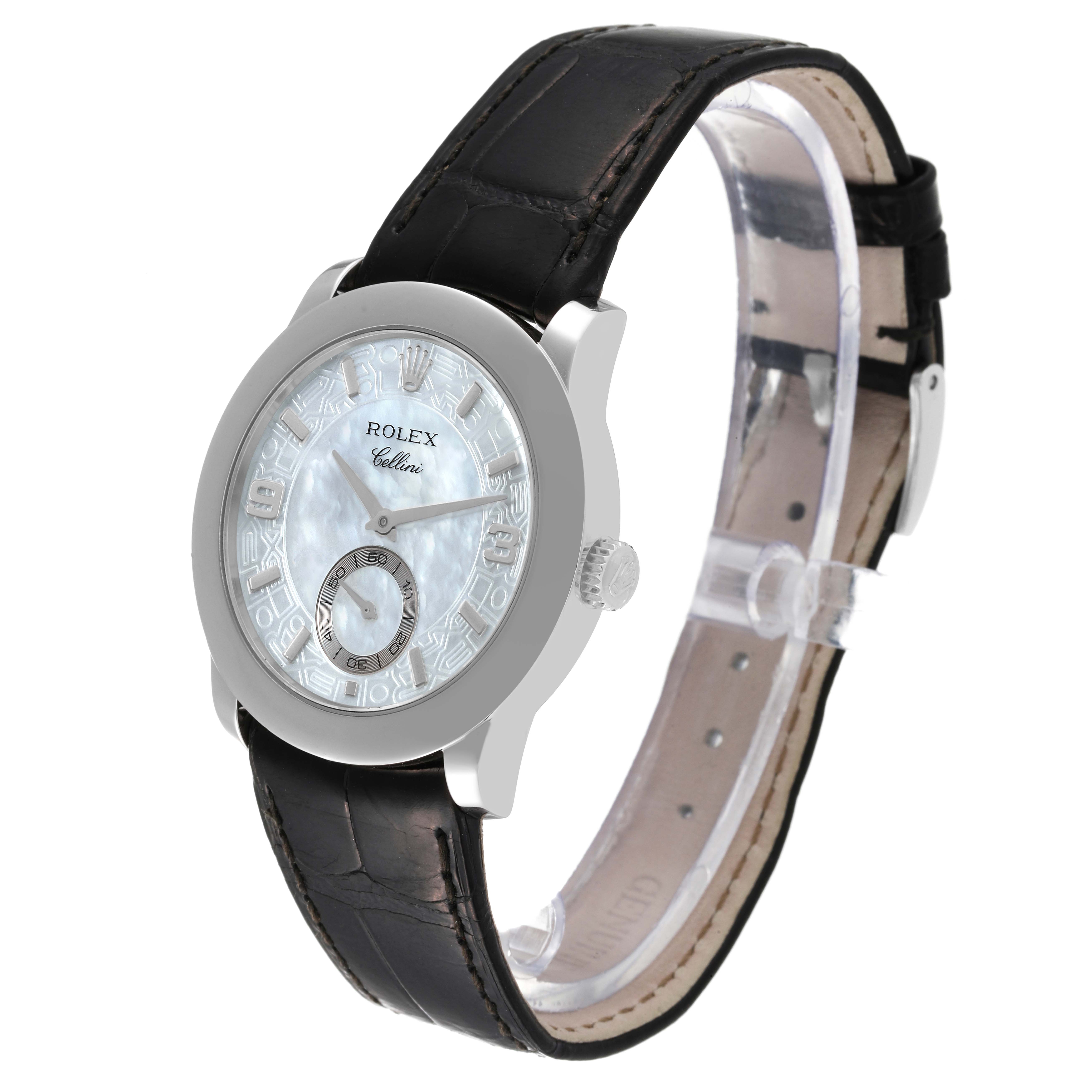 The image shows a Rolex Cellini 5240 Men's Platinum Mother of Pearl Dial 5240 Men's Platinum Mother of Pearl Dial watch at a three-quarter angle, highlighting its black leather strap and white dial with decorative numerals.