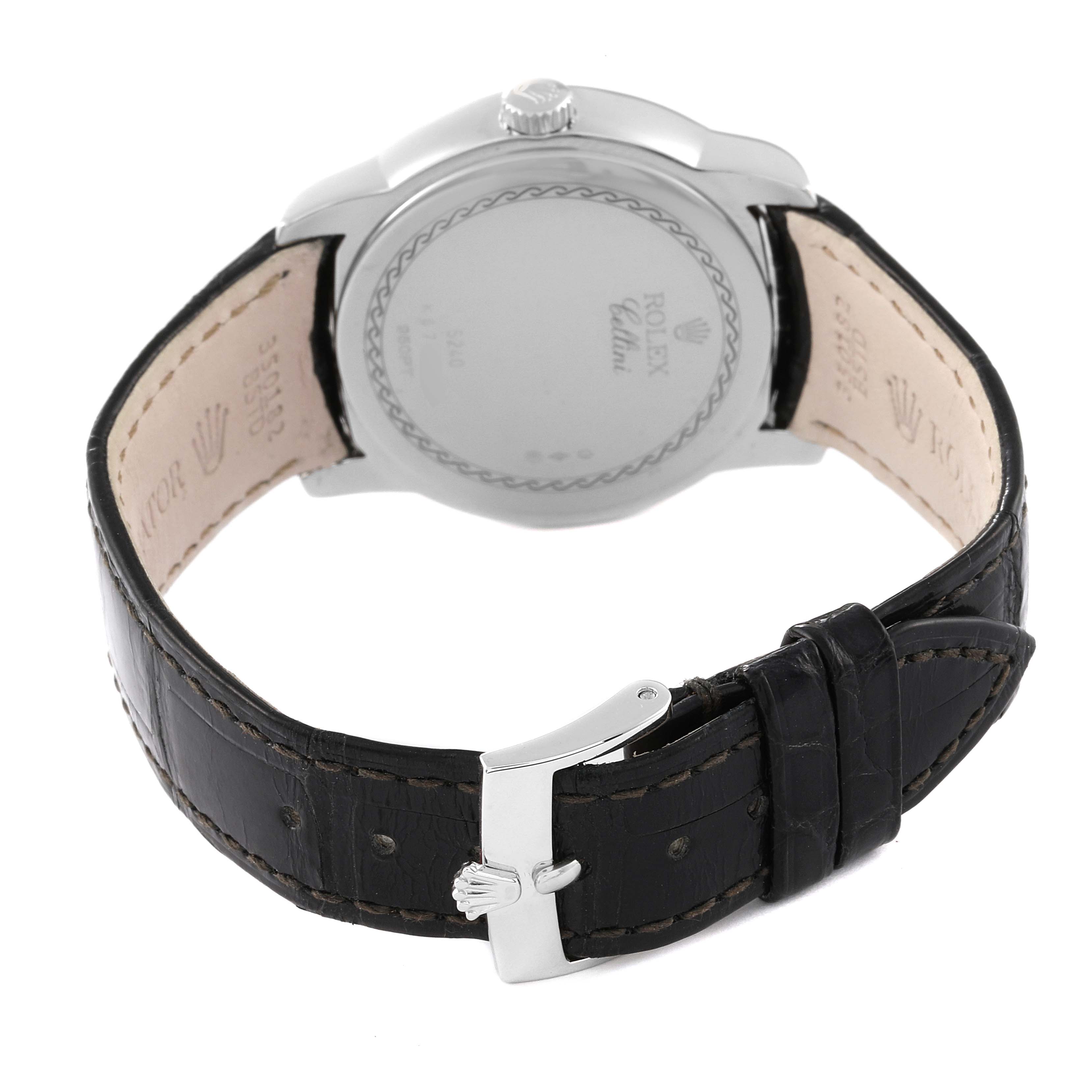 The image shows the back and clasp of a Rolex Cellini 5240 Men's Platinum Mother of Pearl Dial 5240 Men's Platinum Mother of Pearl Dial watch, including the case back and leather strap.