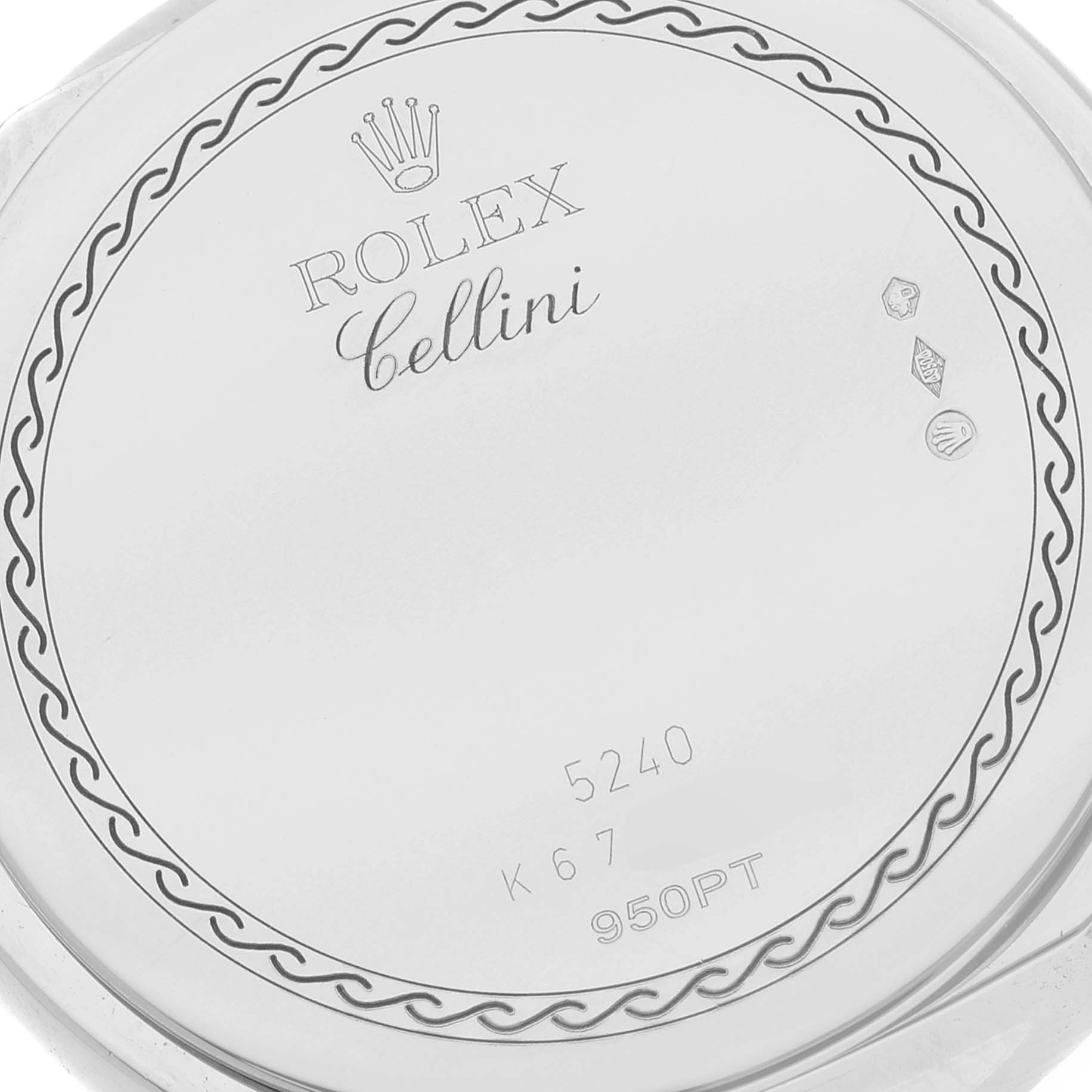 This image shows the back case of a Rolex Cellini 5240 Men's Platinum Mother of Pearl Dial 5240 Men's Platinum Mother of Pearl Dial watch, including the model and hallmark engravings.