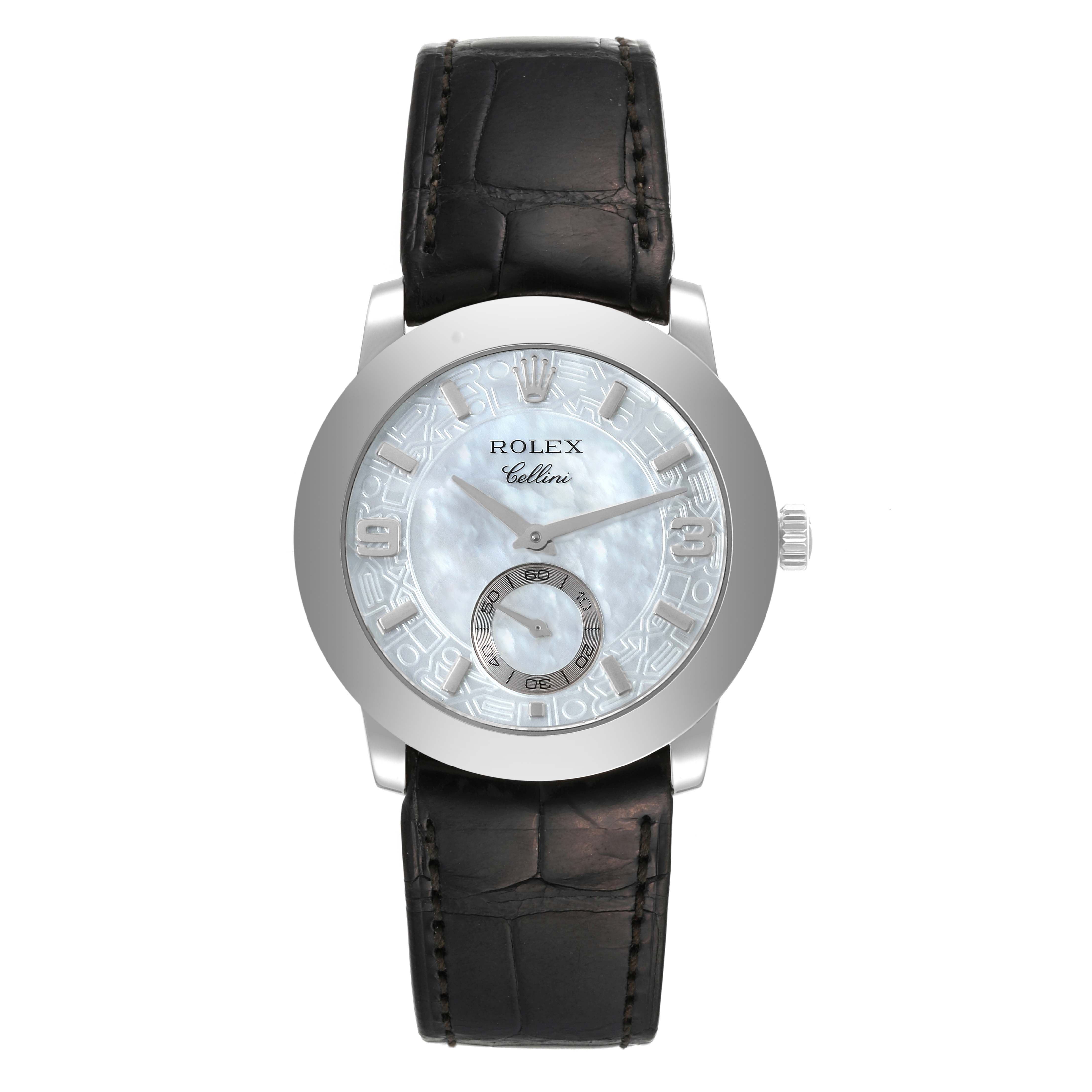 The Rolex Cellini 5240 Men's Platinum Mother of Pearl Dial 5240 Men's Platinum Mother of Pearl Dial watch is shown from a frontal angle, displaying the dial, hands, bezel, and leather strap.