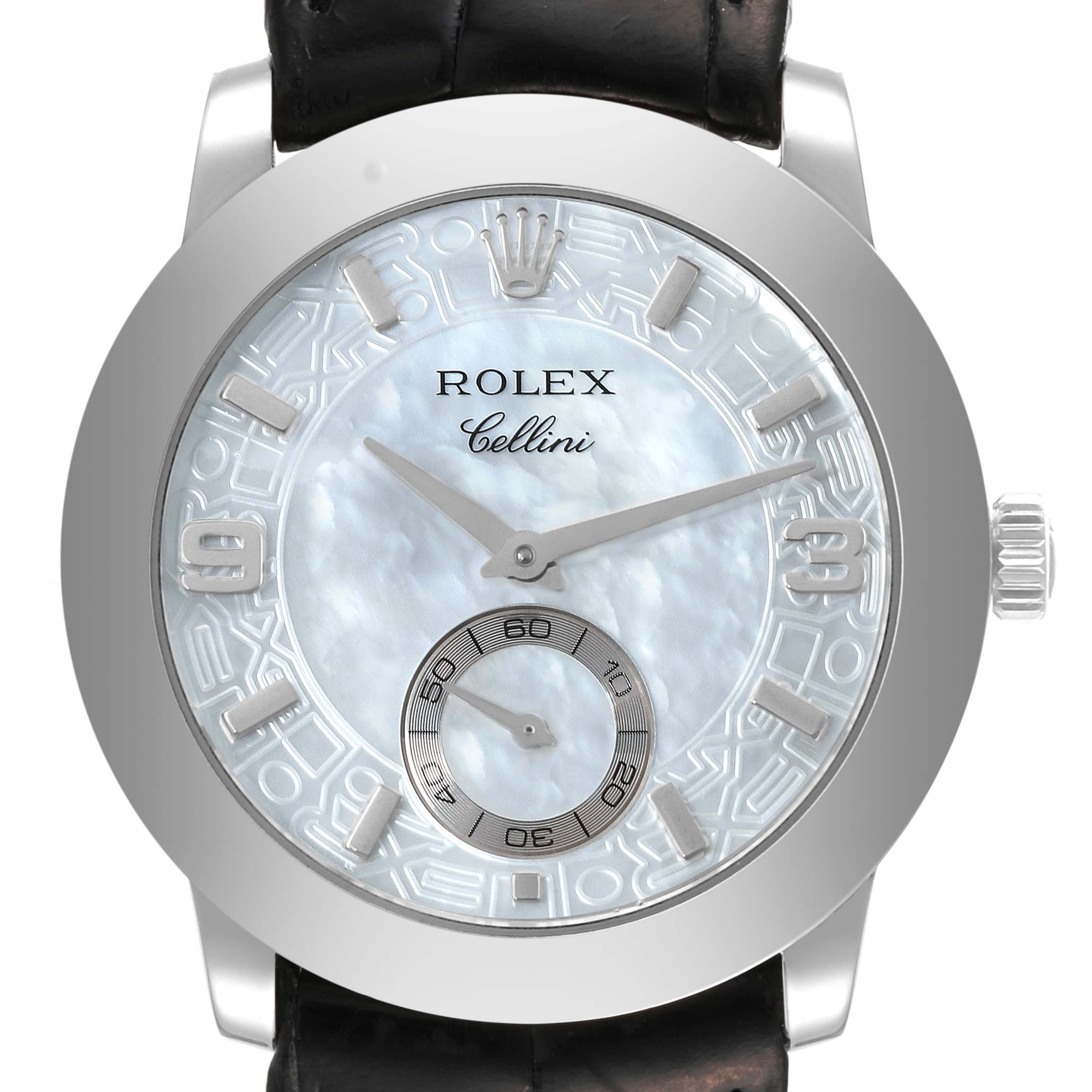 The image shows a close-up front view of a Rolex Cellini 5240 Men's Platinum Mother of Pearl Dial 5240 Men's Platinum Mother of Pearl Dial watch, displaying its dial, hands, and crown.