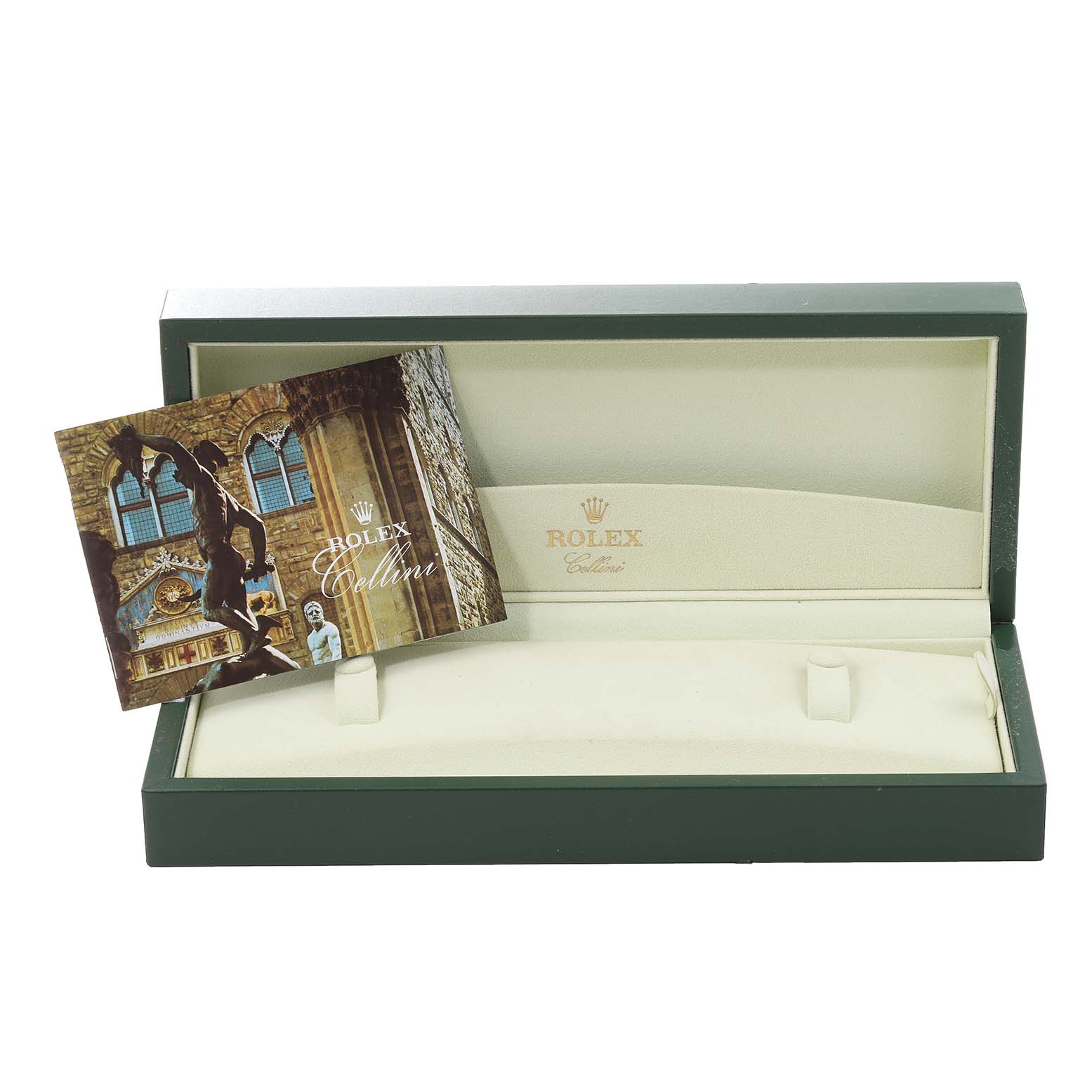 The image shows an open Rolex Cellini 5240 Men's Platinum Mother of Pearl Dial 5240 Men's Platinum Mother of Pearl Dial watch box and booklet from a front angle.