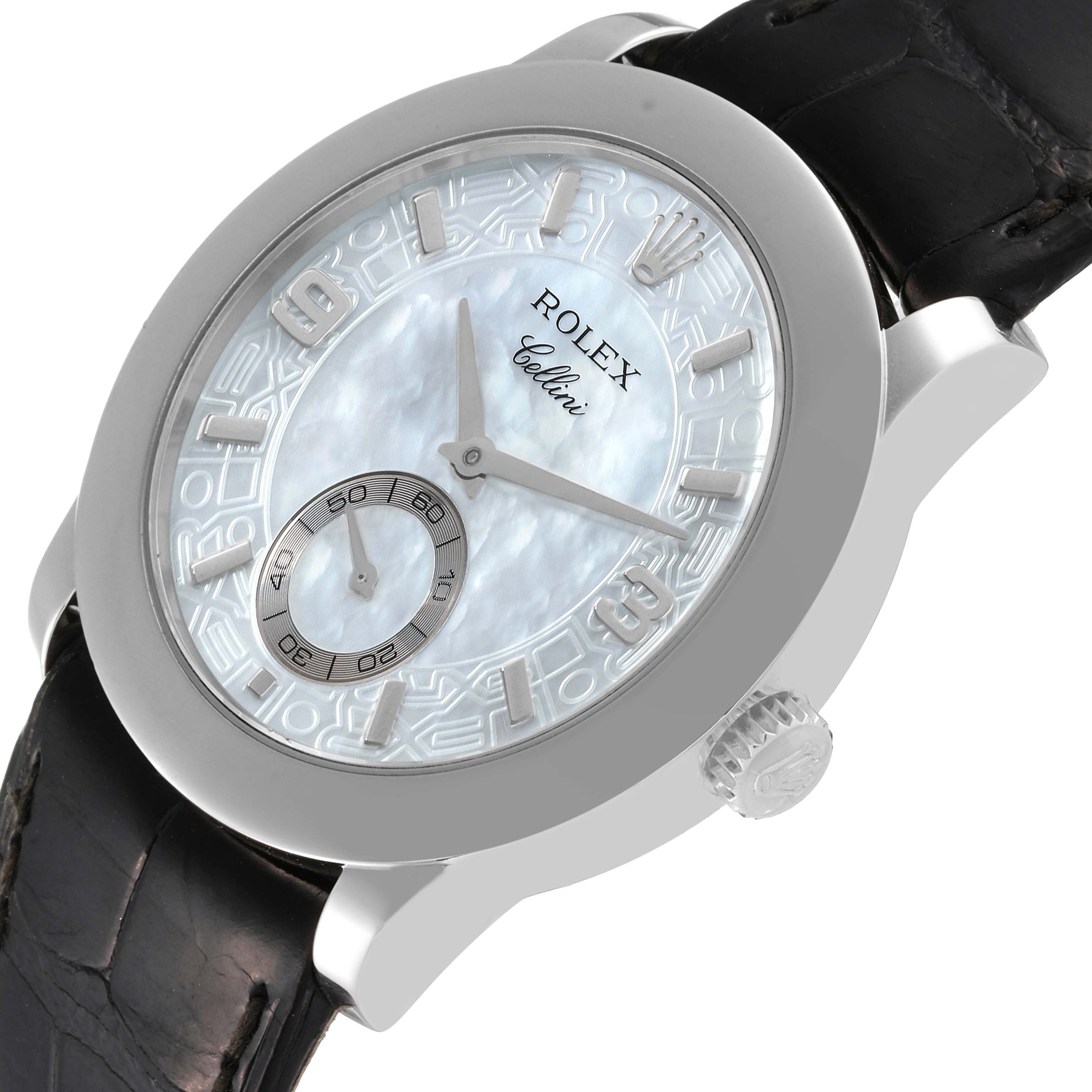 The image shows a Rolex Cellini 5240 Men's Platinum Mother of Pearl Dial 5240 Men's Platinum Mother of Pearl Dial watch from a front angle, highlighting its dial, casing, and part of the leather strap.