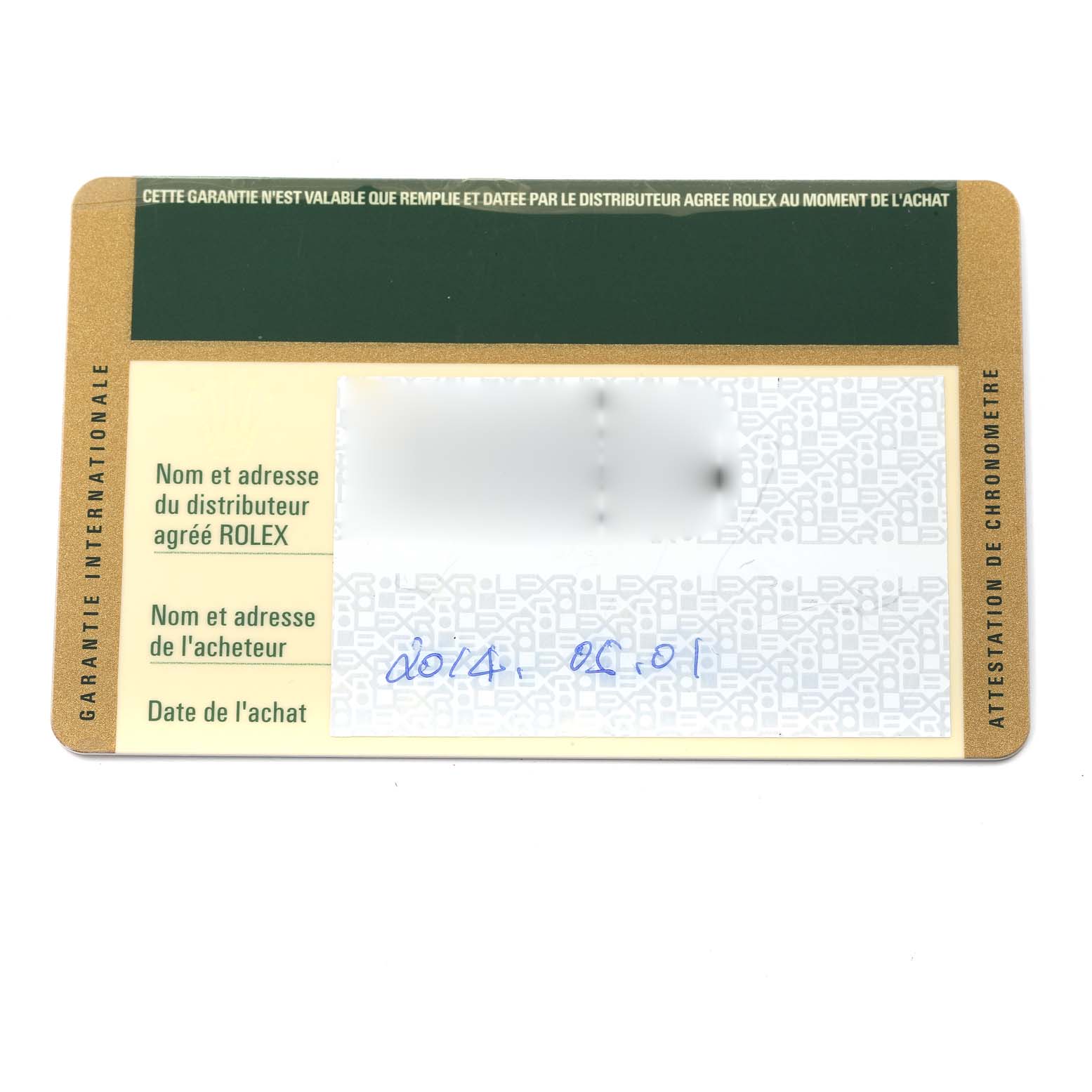 The image shows the warranty card for a Rolex Cellini 5115 Men's Yellow Gold Beige Dial 5115 Men's Yellow Gold Beige Dial watch, with details like distributor and purchaser names.