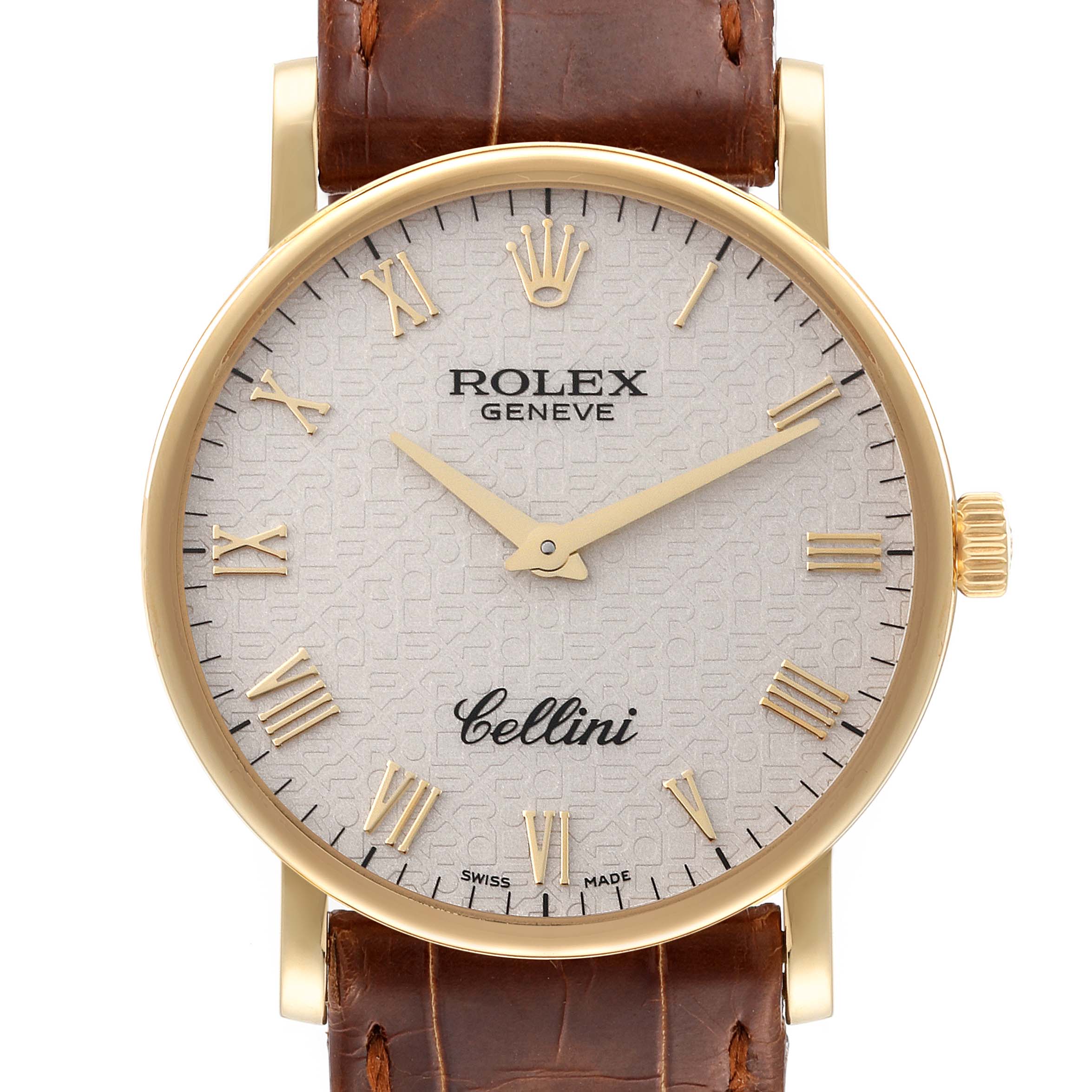The image shows a front view of a Rolex Cellini 5115 Men's Yellow Gold Beige Dial 5115 Men's Yellow Gold Beige Dial watch with a gold case, Roman numeral markers, and a brown leather strap.