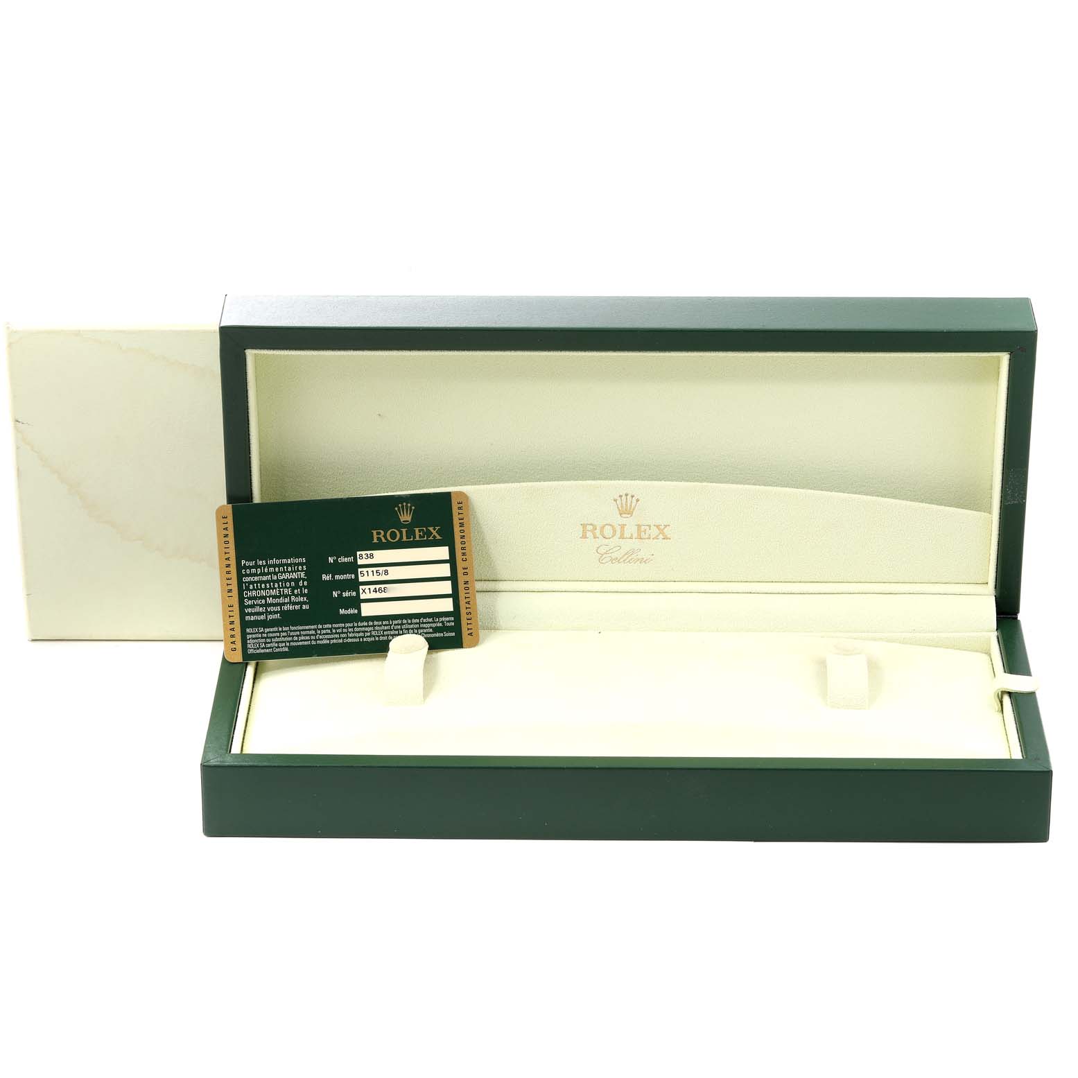 The image shows the interior of a Rolex Cellini 5115 Men's Yellow Gold Beige Dial 5115 Men's Yellow Gold Beige Dial watch box, including the warranty card.