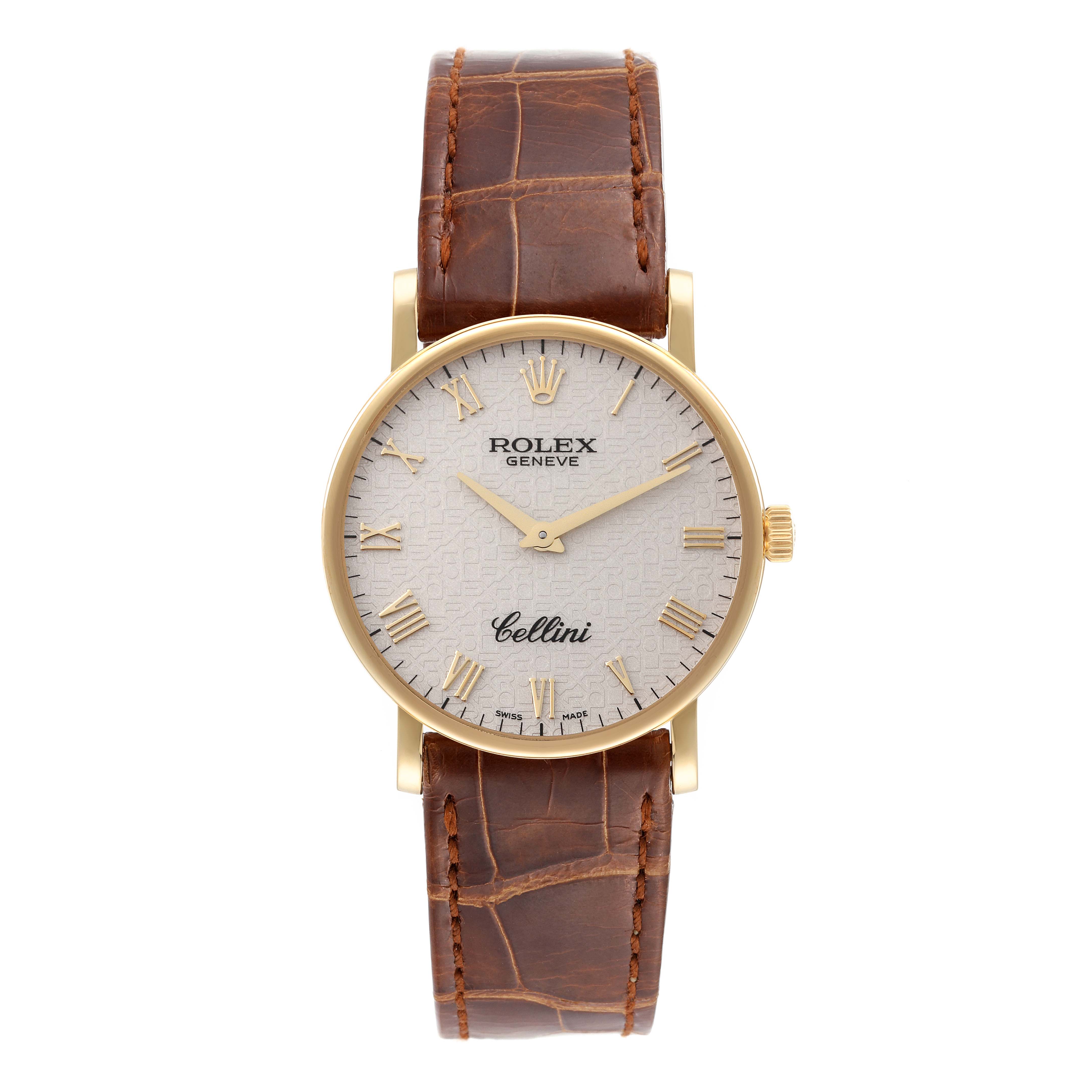 This image shows a frontal view of the Rolex Cellini 5115 Men's Yellow Gold Beige Dial 5115 Men's Yellow Gold Beige Dial model, displaying the watch face, crown, and leather strap.