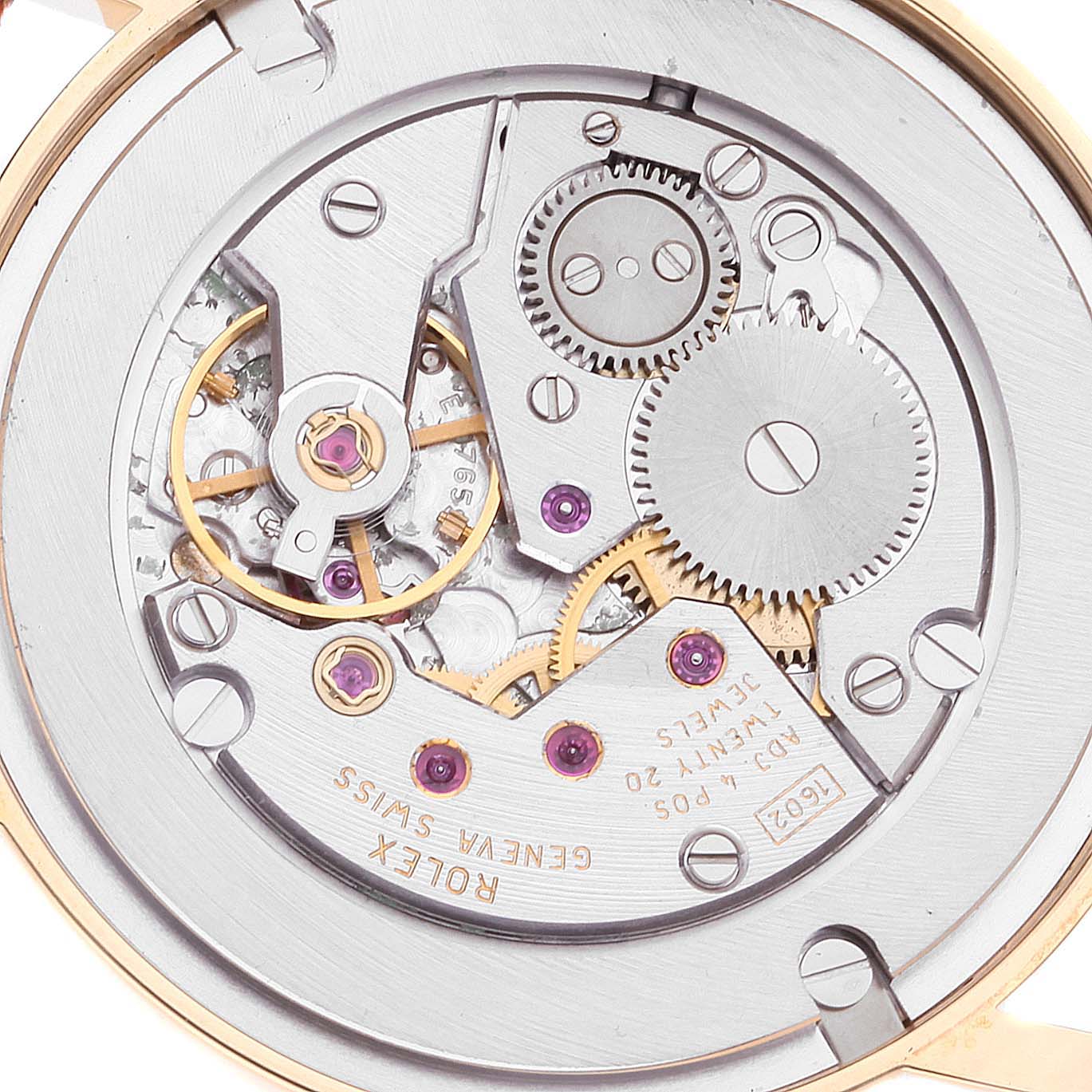 This is an image of the internal mechanism and movement parts of a Rolex Cellini 5115 Men's Yellow Gold Beige Dial 5115 Men's Yellow Gold Beige Dial watch, shown from the back.