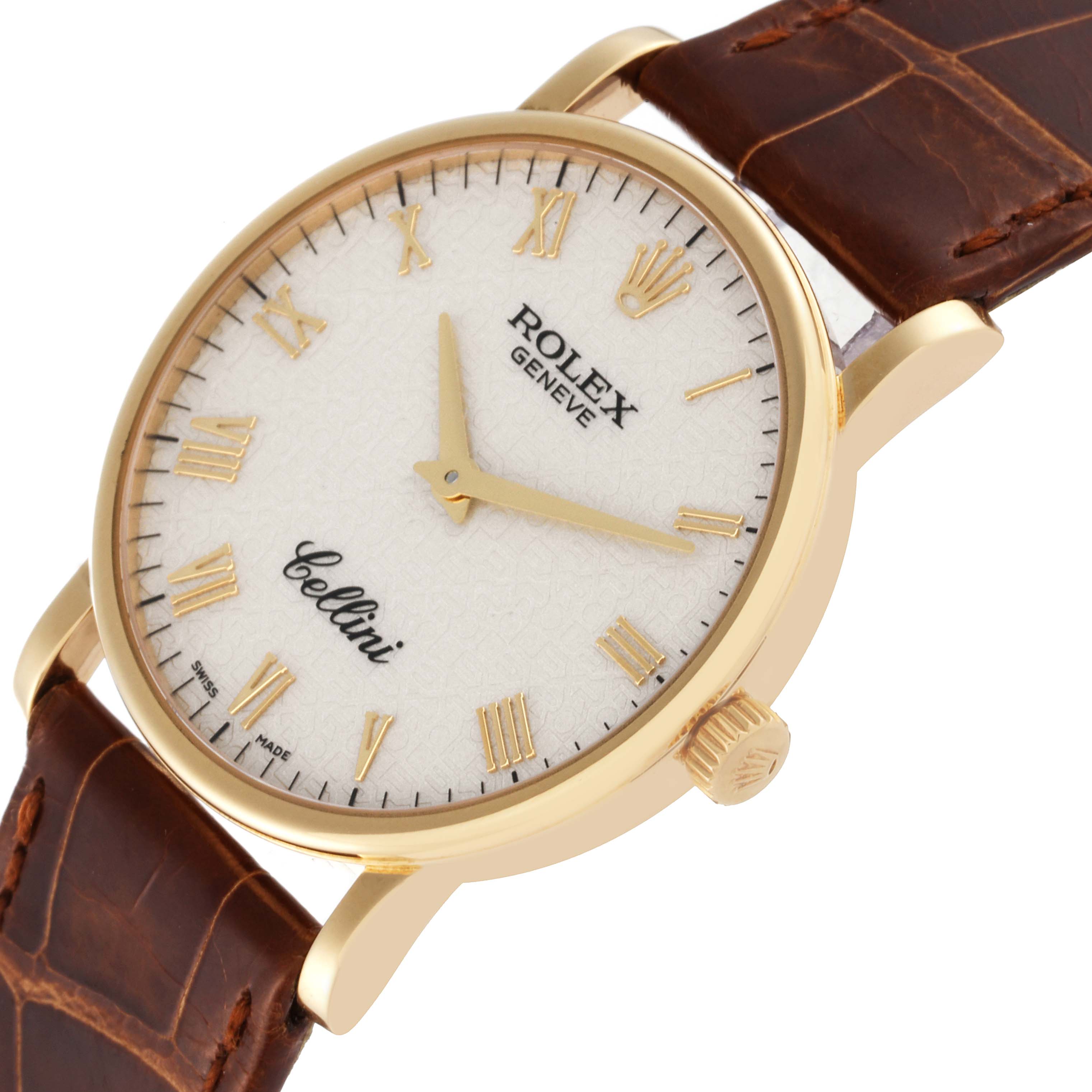 This image shows a close-up, angled view of a Rolex Cellini 5115 Men's Yellow Gold Beige Dial 5115 Men's Yellow Gold Beige Dial watch, highlighting its dial, crown, and brown leather strap.