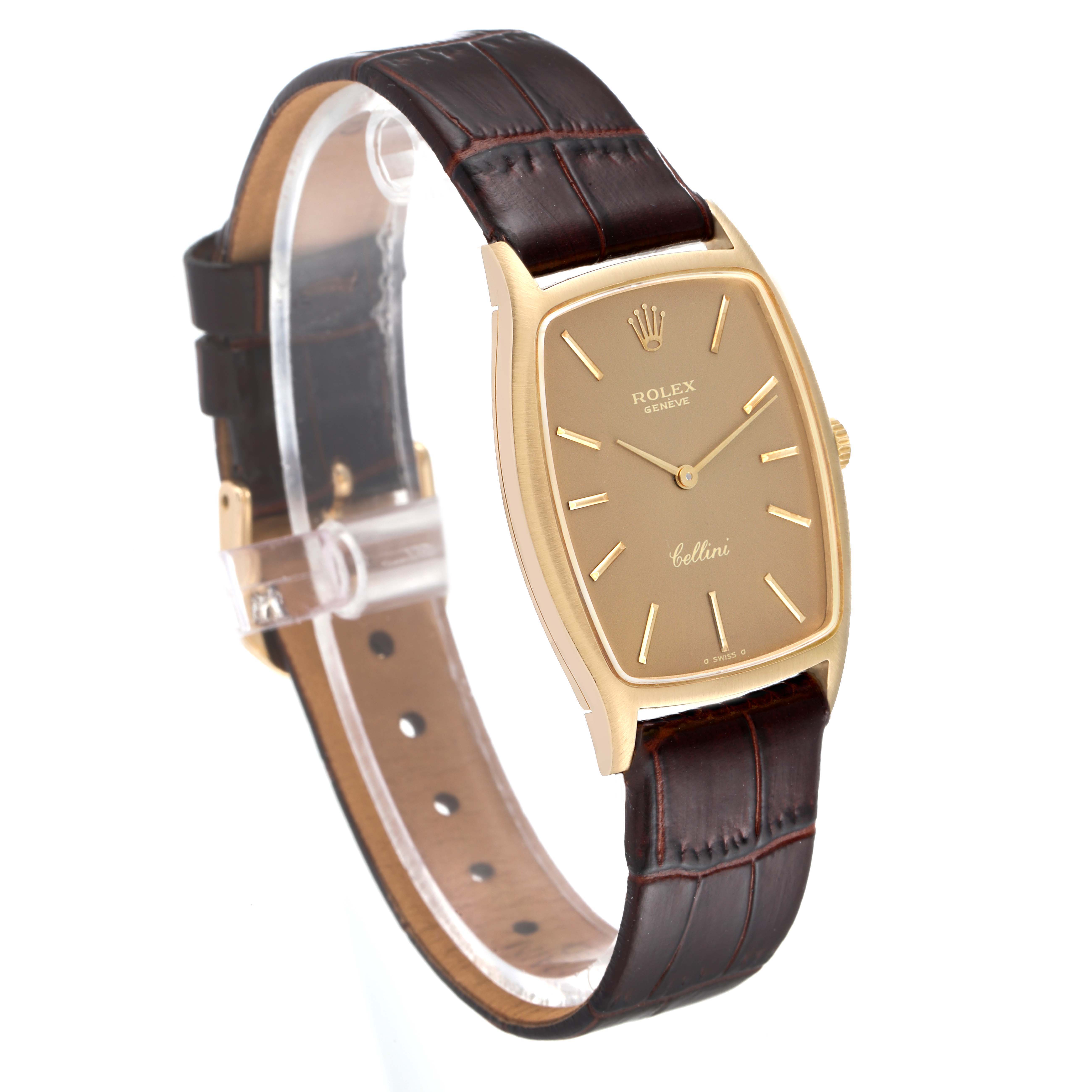 The image shows a side angle view of a Rolex Cellini 3807 Women's Yellow Gold Champagne Dial 3807 Women's Yellow Gold Champagne Dial watch with its face and leather strap visible.