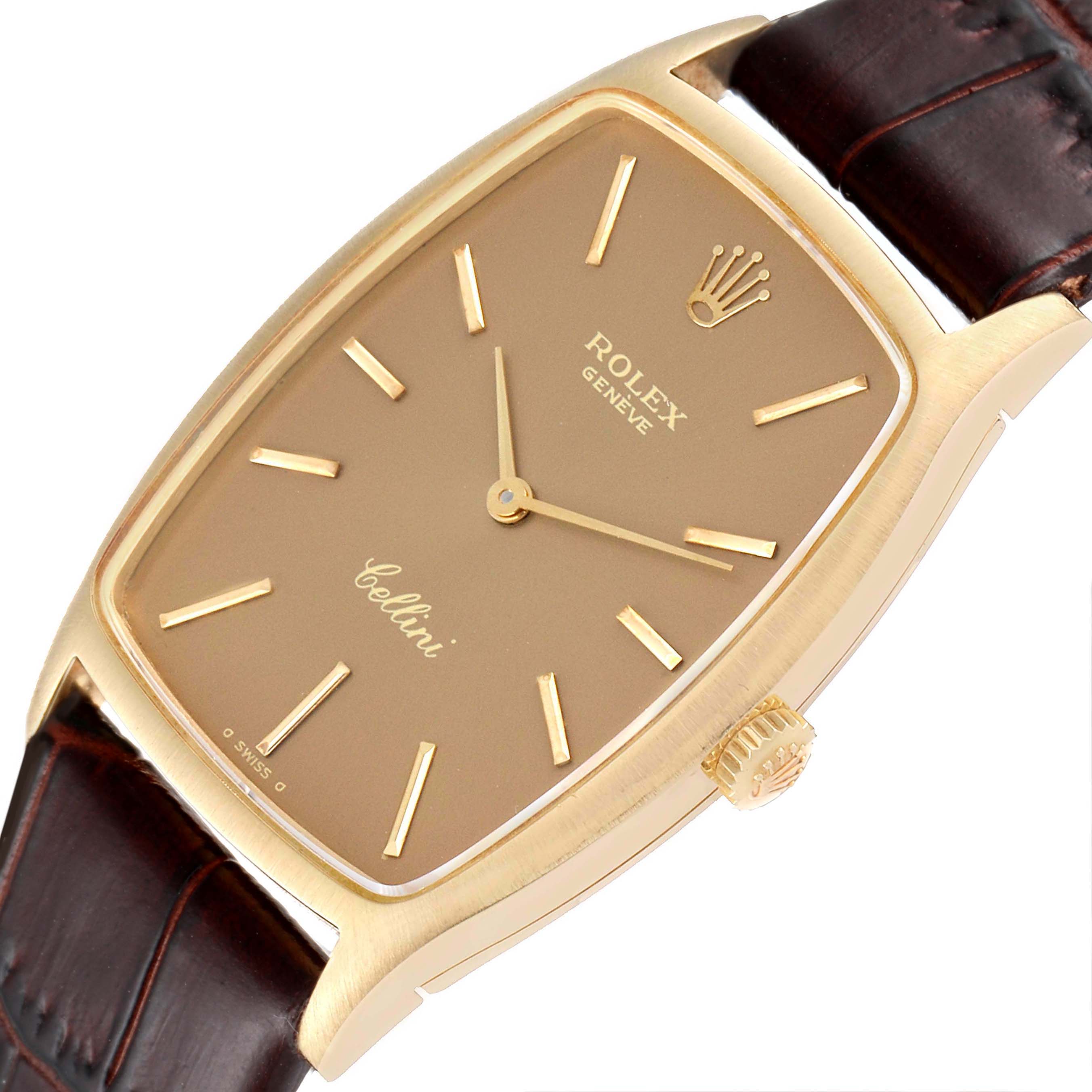 The image shows a frontal angle of the Rolex Cellini 3807 Women's Yellow Gold Champagne Dial 3807 Women's Yellow Gold Champagne Dial watch, highlighting its dial, crown, and part of the strap.