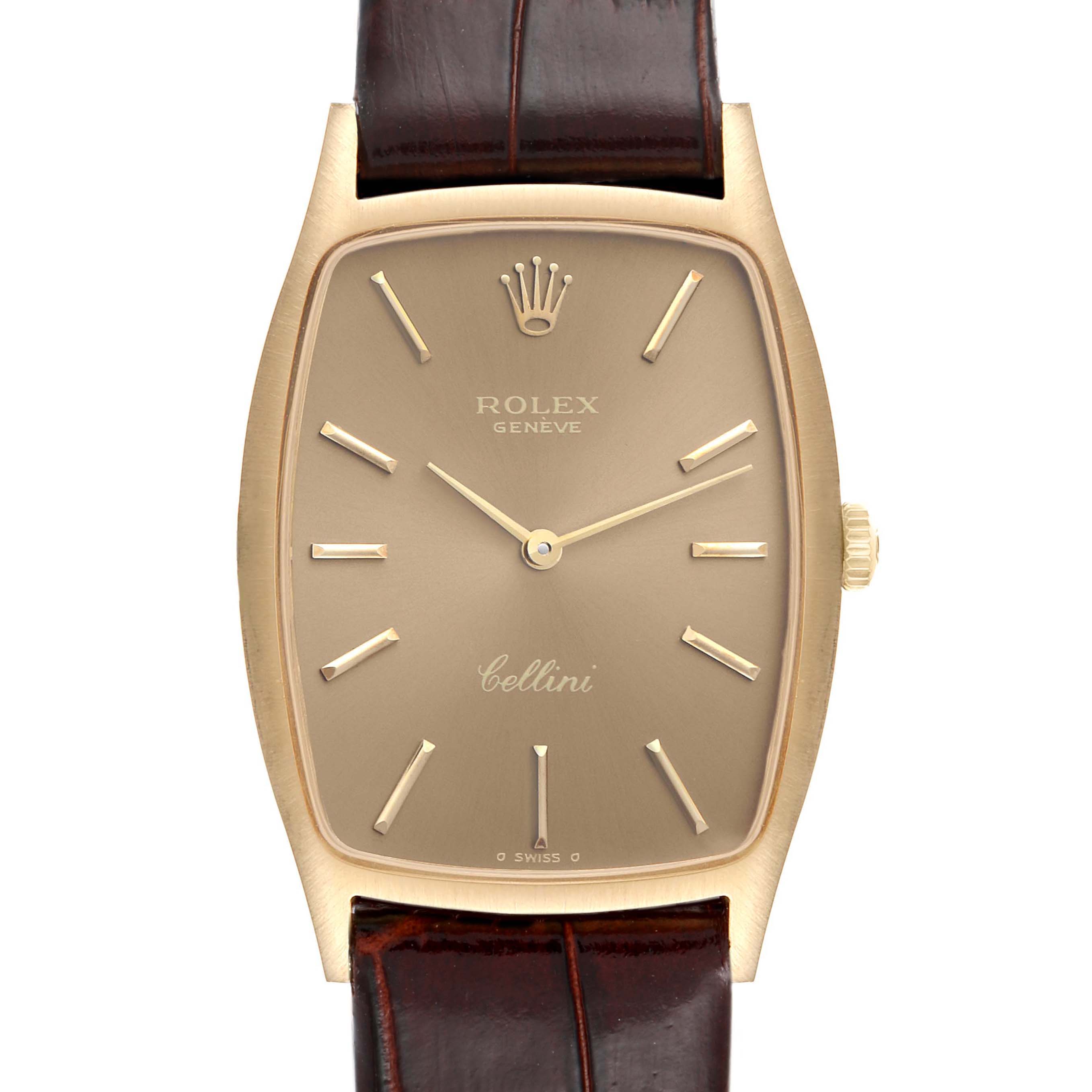 This image shows a front view of the Rolex Cellini 3807 Women's Yellow Gold Champagne Dial 3807 Women's Yellow Gold Champagne Dial watch, highlighting its dial, hands, crown, and part of the strap.