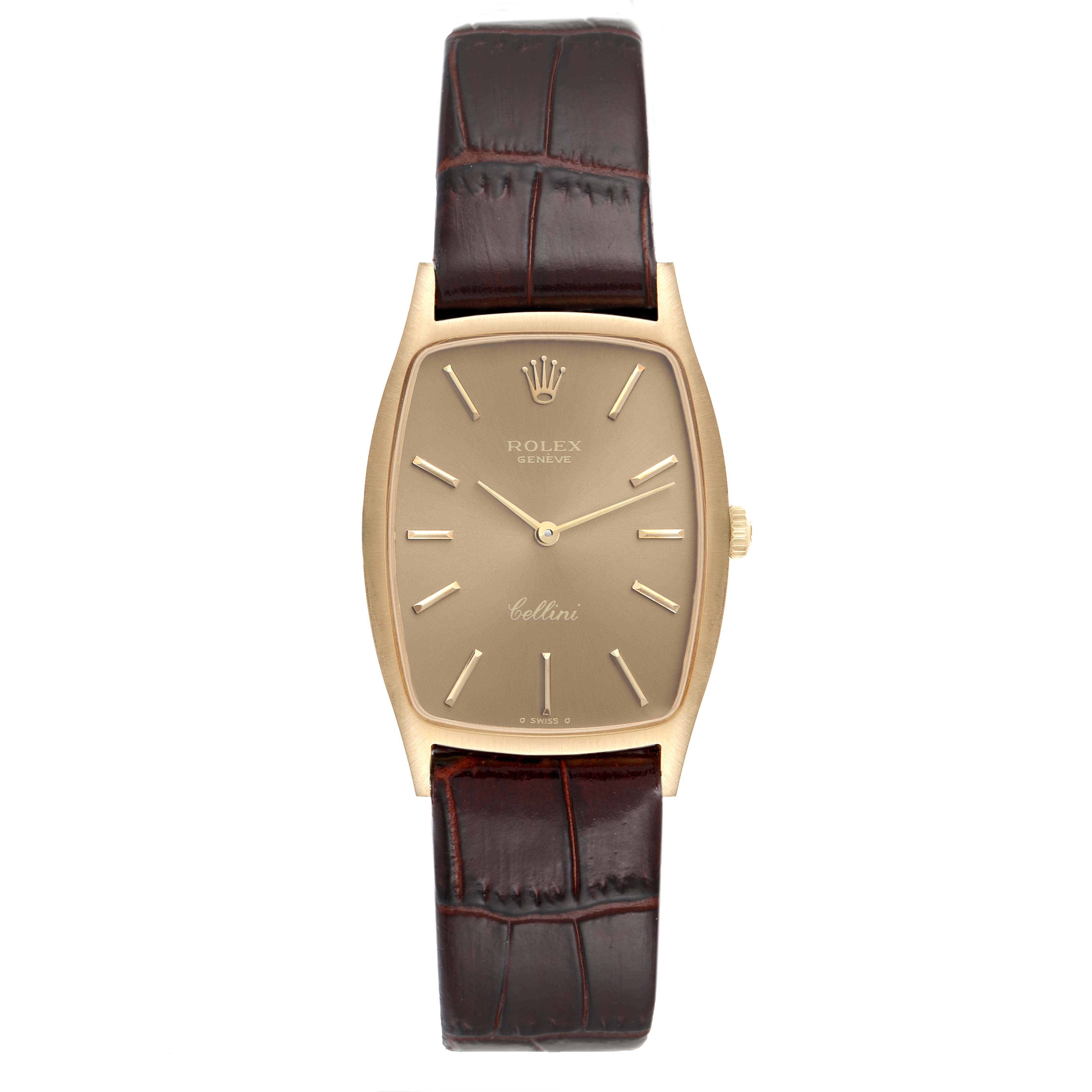 The image shows a front view of a Rolex Cellini 3807 Women's Yellow Gold Champagne Dial 3807 Women's Yellow Gold Champagne Dial model watch, featuring its face, bezel, crown, and leather strap.