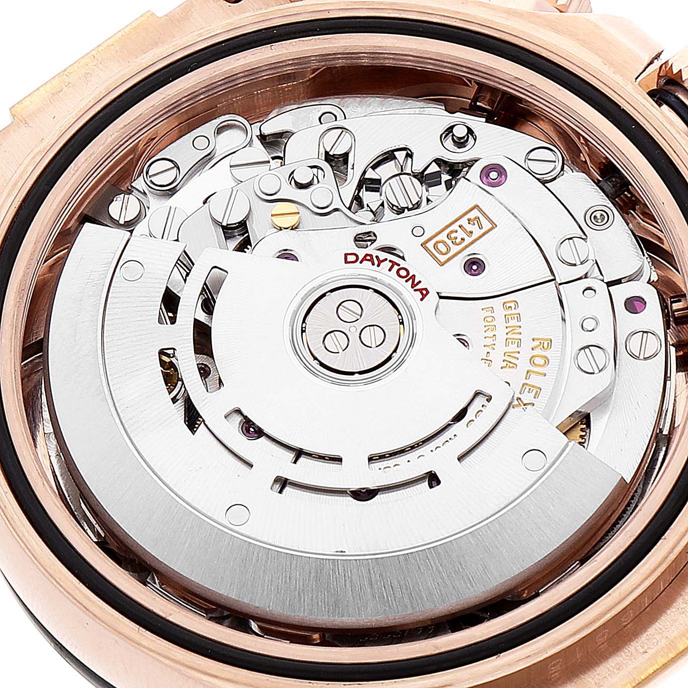 This image shows the internal movement mechanism of a Rolex Daytona 116515LN Men's Rose Gold  116515LN Men's Rose Gold  watch, viewed from the back.