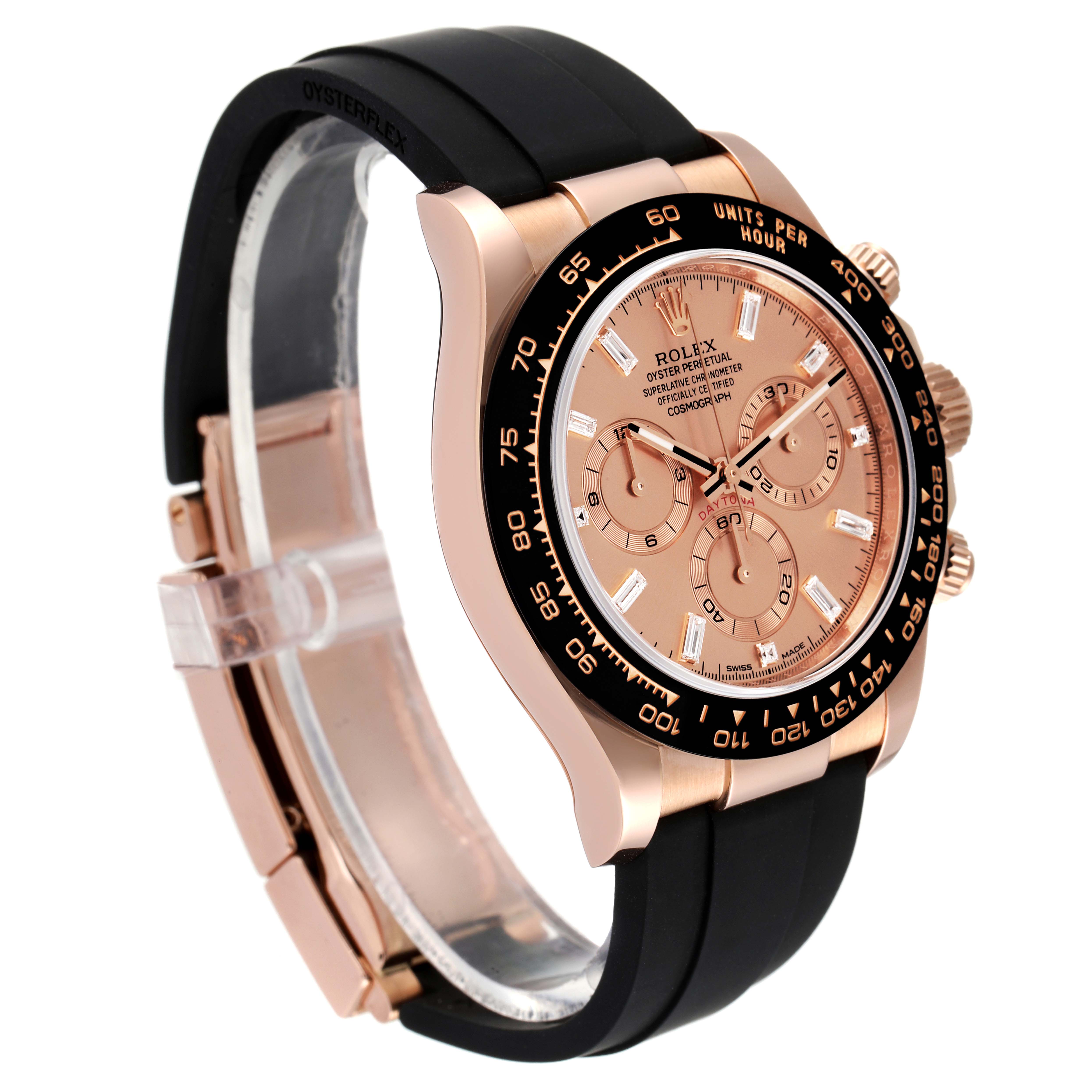 The image shows a side view of a Rolex Daytona 116515LN Men's Rose Gold  116515LN Men's Rose Gold  watch, highlighting the face, bezel, pushers, and band.