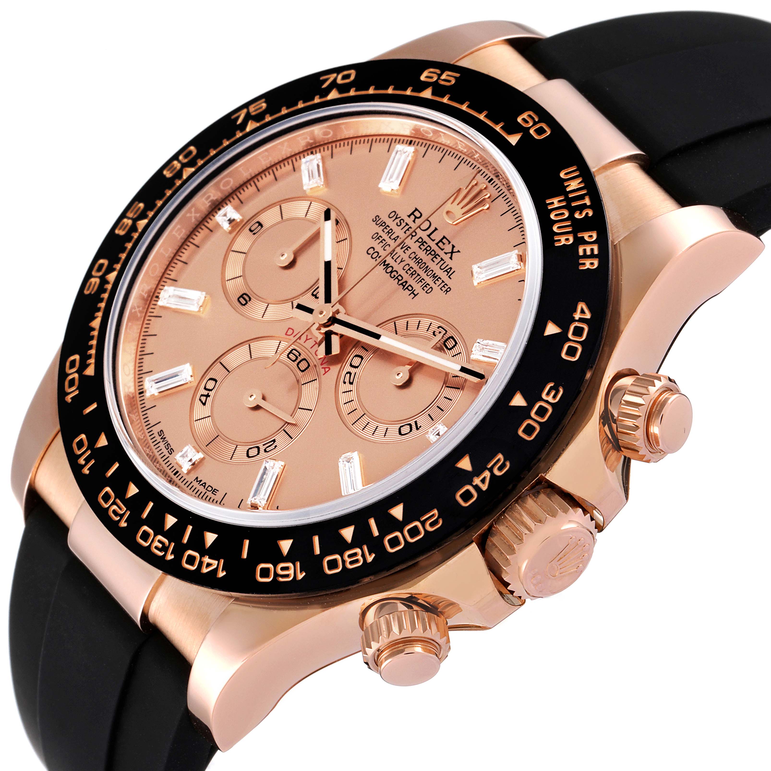 This image shows a side-angle view of a Rolex Daytona 116515LN Men's Rose Gold  116515LN Men's Rose Gold  watch, highlighting its dial, bezels, pushers, and crown.