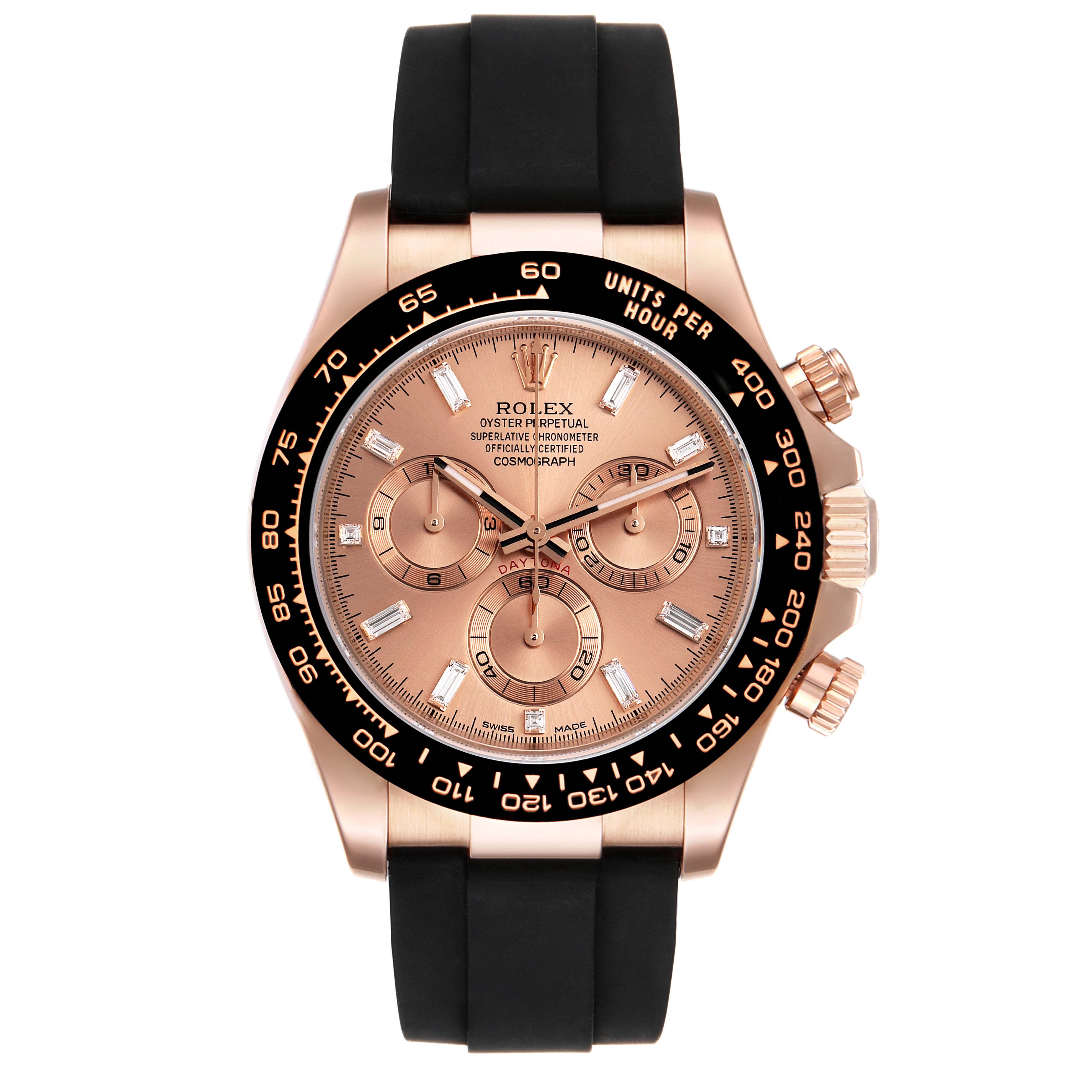 This image shows a front view of a Rolex Daytona 116515LN Men's Rose Gold  116515LN Men's Rose Gold  watch, displaying its dial, bezel, and rubber strap.