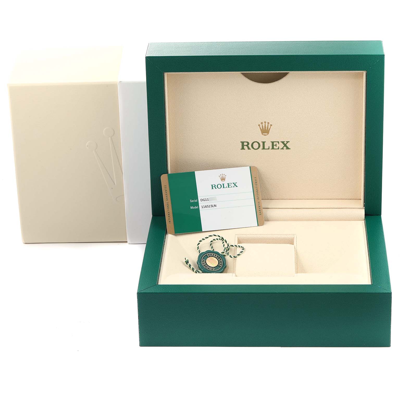 This image shows the packaging, warranty card, and accessories for a Rolex Daytona 116515LN Men's Rose Gold  116515LN Men's Rose Gold  watch.