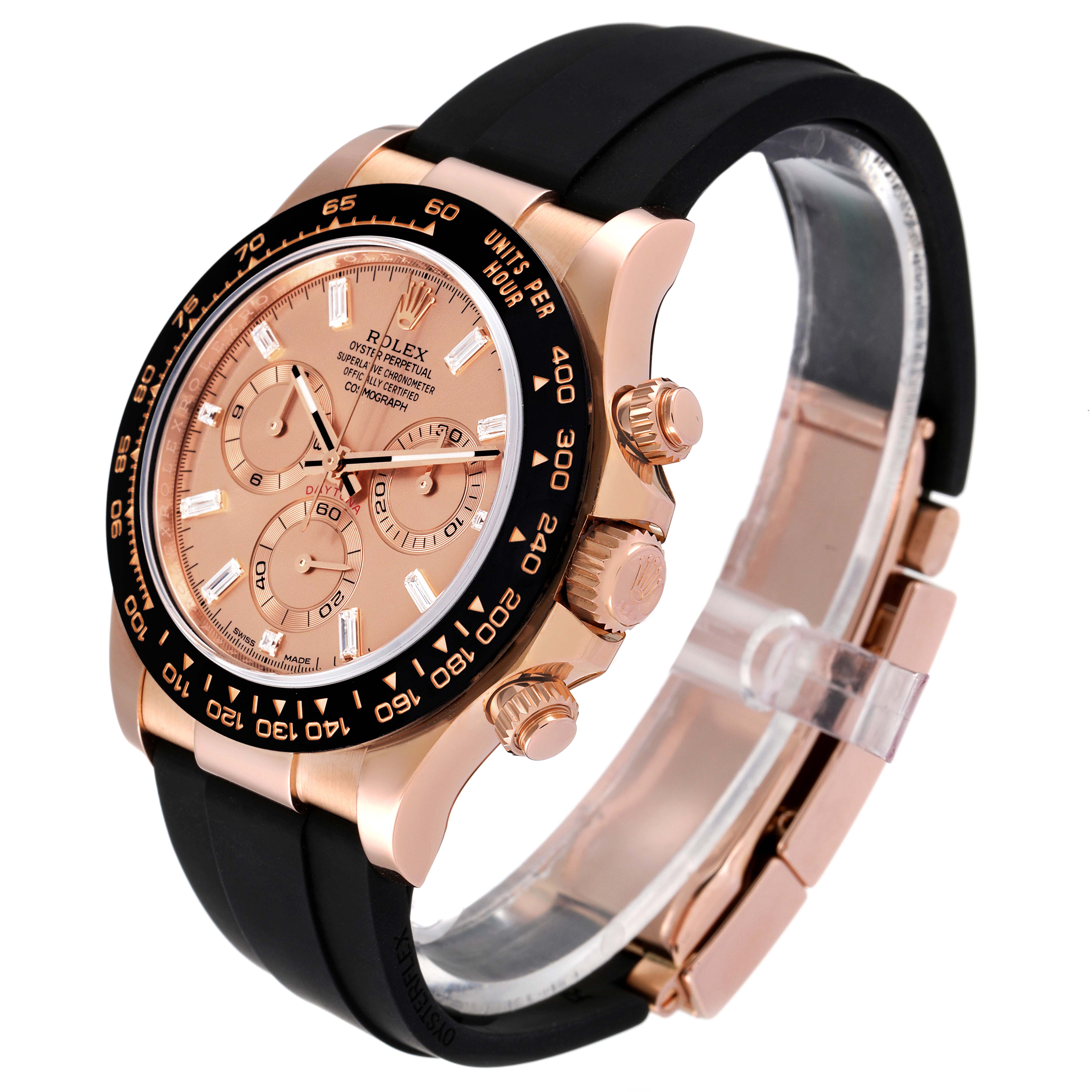 This image shows a Rolex Daytona 116515LN Men's Rose Gold  116515LN Men's Rose Gold  watch angled to display its face, bezel, crown, pushers, and strap.
