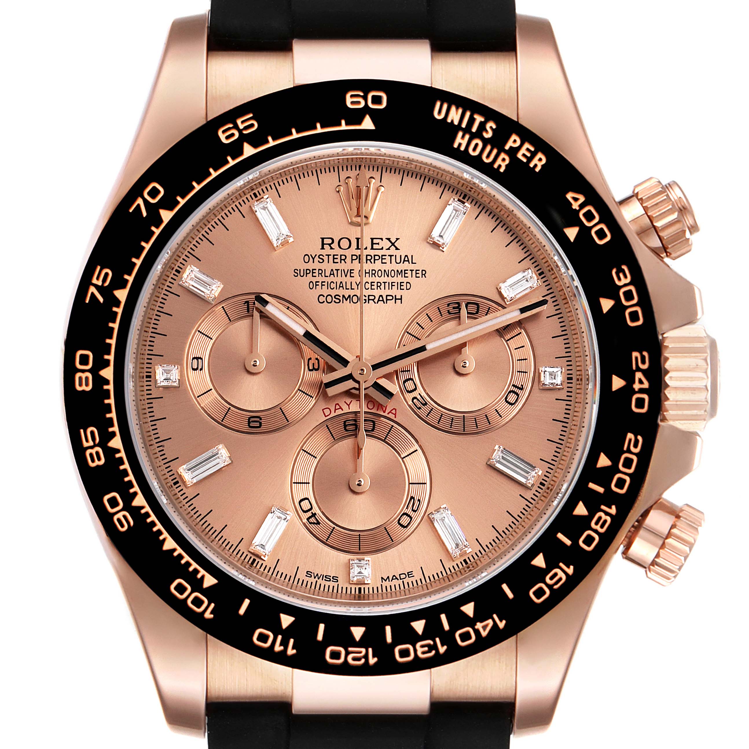This image shows a front view of a Rolex Daytona 116515LN Men's Rose Gold  116515LN Men's Rose Gold  watch, highlighting its dial, subdials, and bezel.