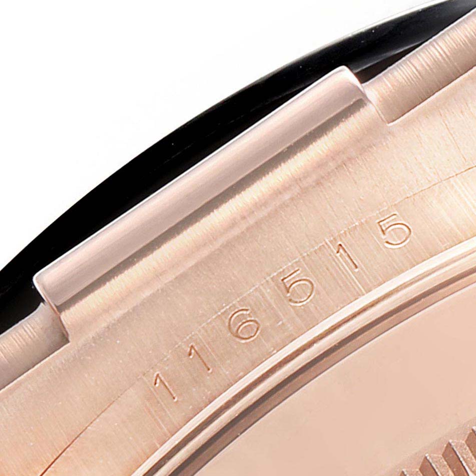 This image shows a close-up of a lug and part of the Oyster case, revealing the model number "116515" of the Rolex Daytona 116515LN Men's Rose Gold  116515LN Men's Rose Gold .