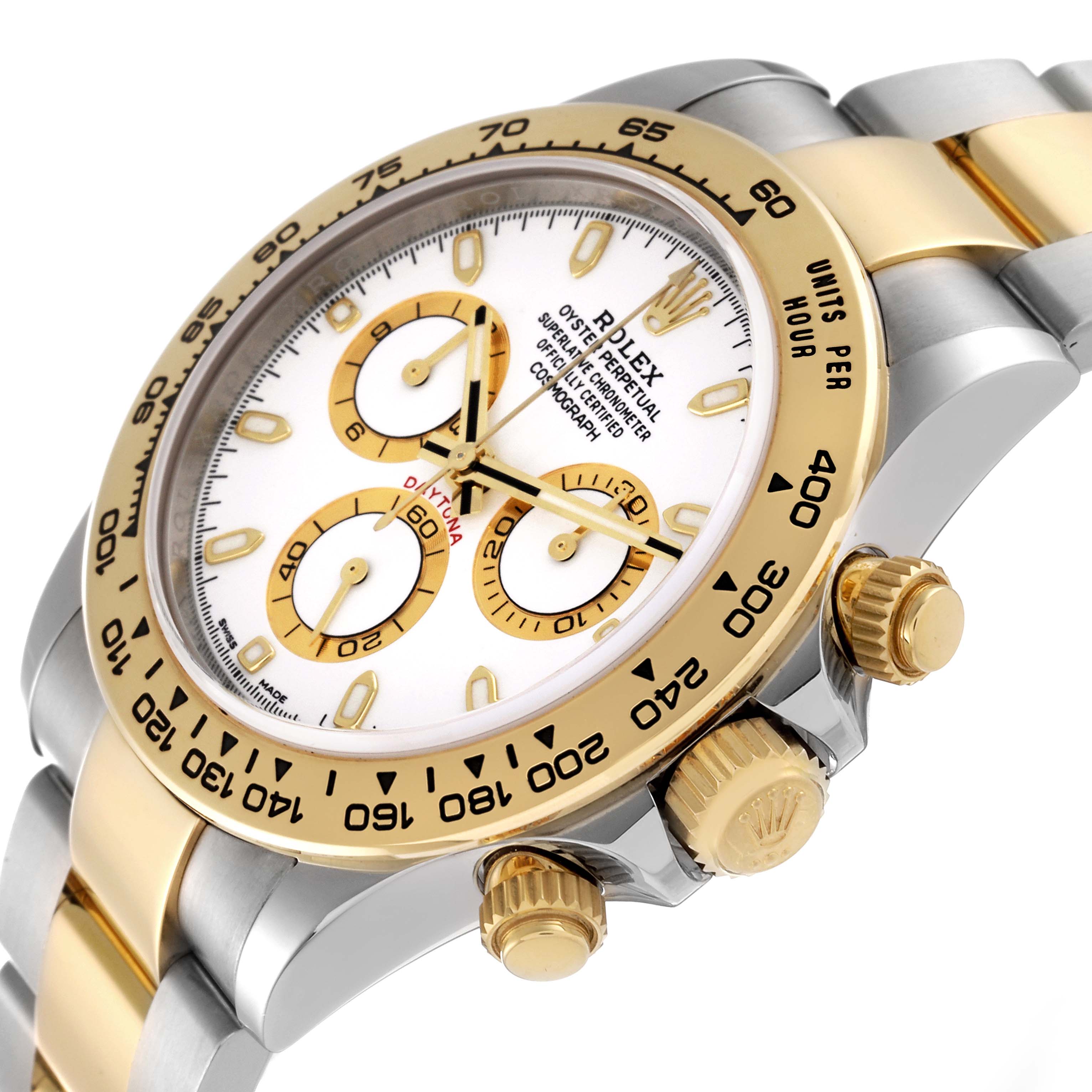 The image shows a close-up angle of a Rolex Daytona 116503 Men's Steel and Gold (two tone) White Dial 116503 Men's Steel and Gold (two tone) White Dial watch, highlighting its face, bezel, pushers, and crown.