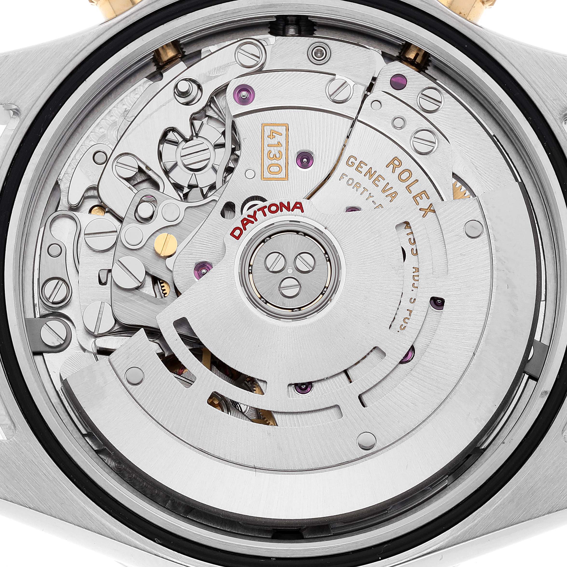 The image shows a close-up view of the movement inside a Rolex Daytona 116503 Men's Steel and Gold (two tone) White Dial 116503 Men's Steel and Gold (two tone) White Dial watch.