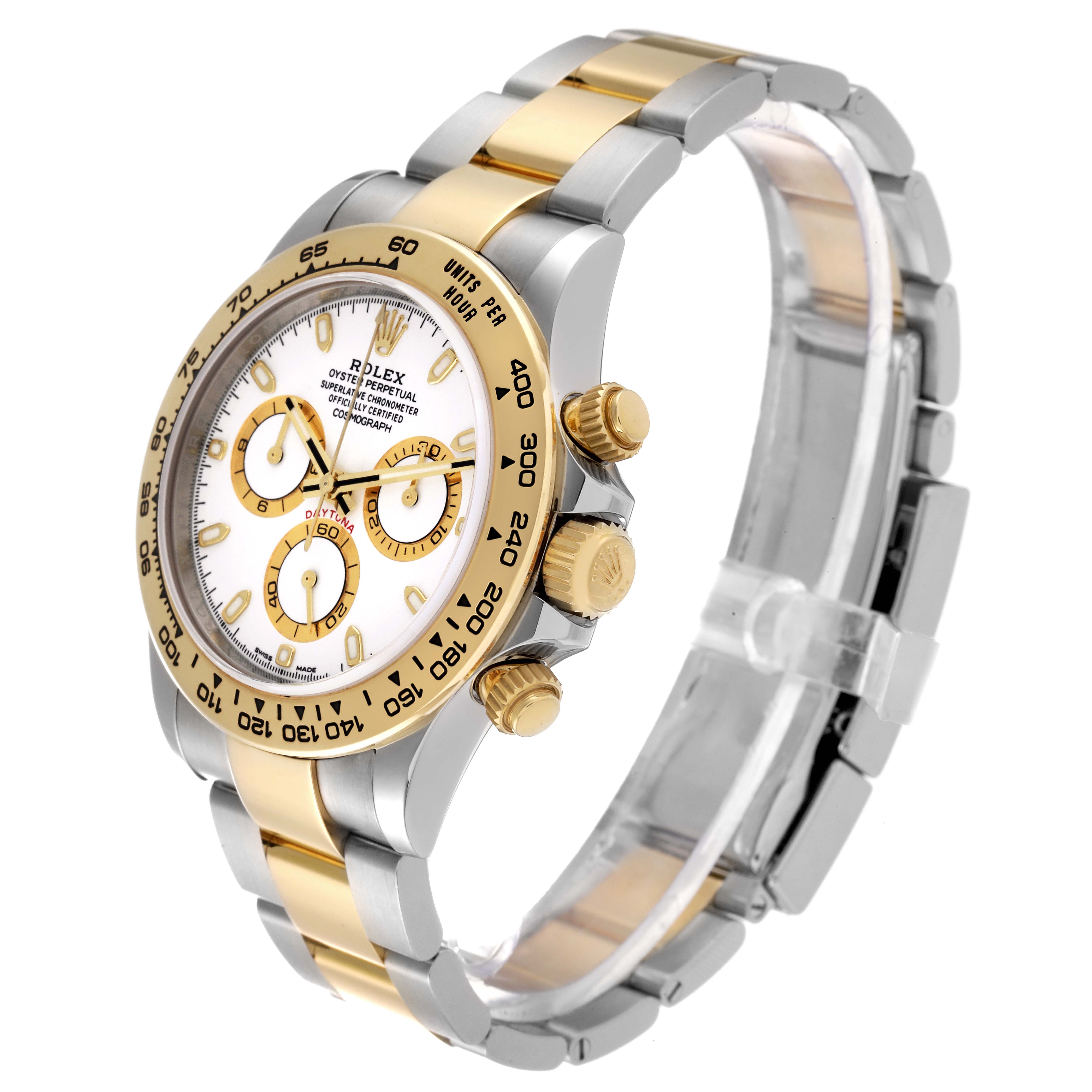 This image shows a Rolex Daytona 116503 Men's Steel and Gold (two tone) White Dial 116503 Men's Steel and Gold (two tone) White Dial watch at a three-quarter angle, highlighting its dial, bezel, crown, and bracelet.