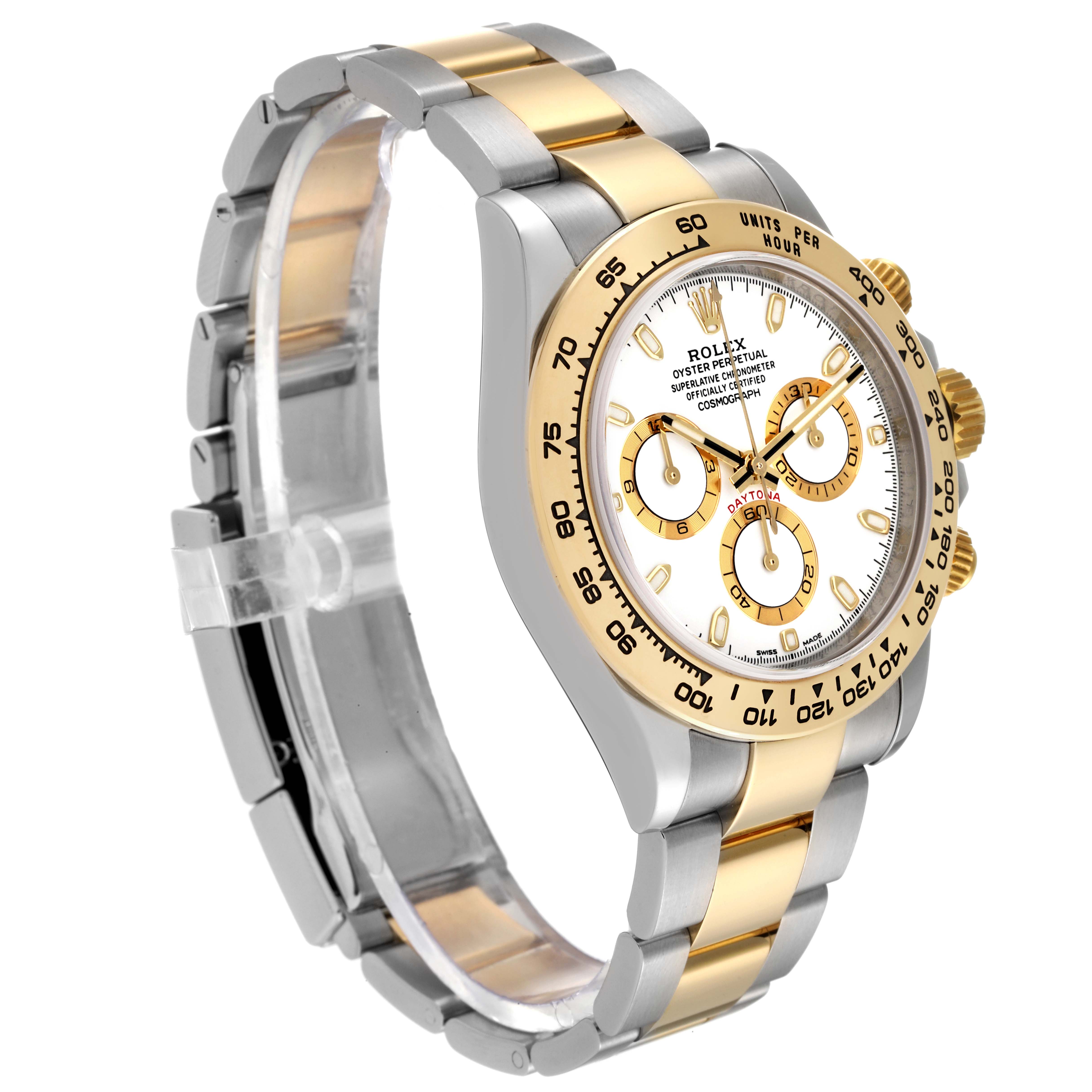 The Rolex Daytona 116503 Men's Steel and Gold (two tone) White Dial 116503 Men's Steel and Gold (two tone) White Dial watch is shown at an angled perspective displaying its face, bezel, crown, pushers, and bracelet.