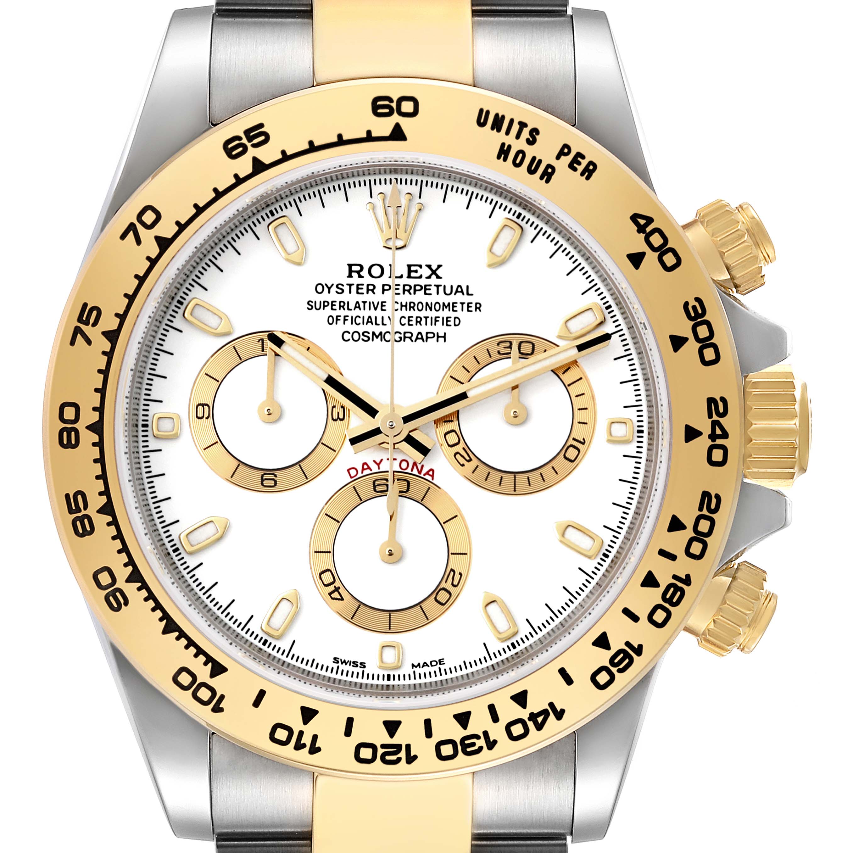 The image shows a frontal view of the Rolex Daytona 116503 Men's Steel and Gold (two tone) White Dial 116503 Men's Steel and Gold (two tone) White Dial watch, highlighting its gold bezel, crown, subdials, and white dial with gold accents.