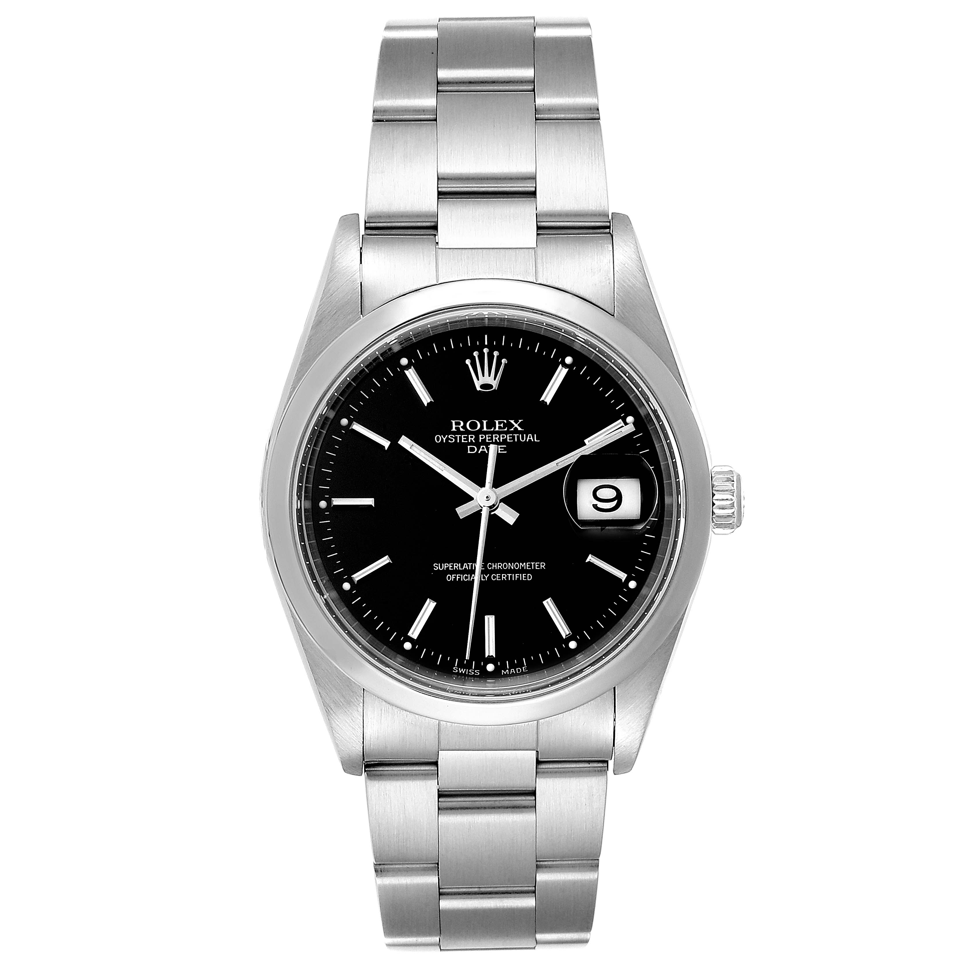 This image shows a Rolex Date 15200 Men's Stainless Steel Black Dial 15200 Men's Stainless Steel Black Dial model watch, viewed from the front, displaying the black dial, date window, and stainless steel bracelet.