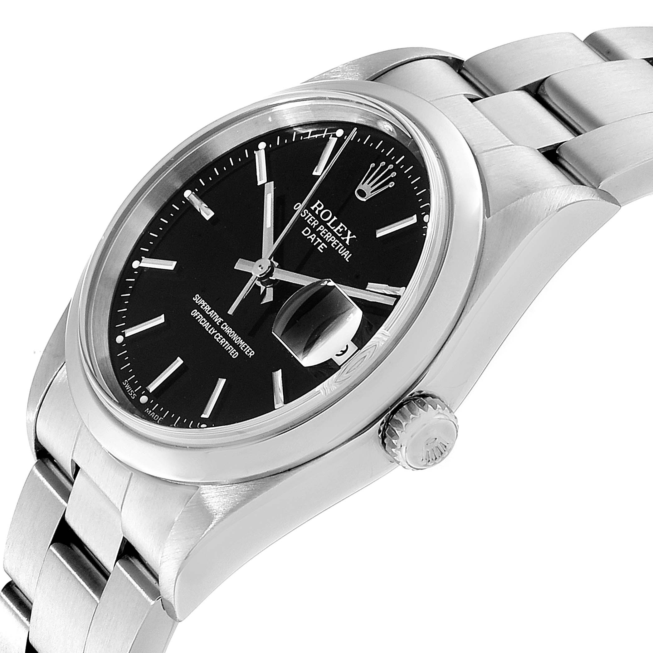 The image shows a Rolex Date 15200 Men's Stainless Steel Black Dial 15200 Men's Stainless Steel Black Dial model watch from a three-quarter angle, highlighting the dial, case, bracelet, crown, and date magnifier.
