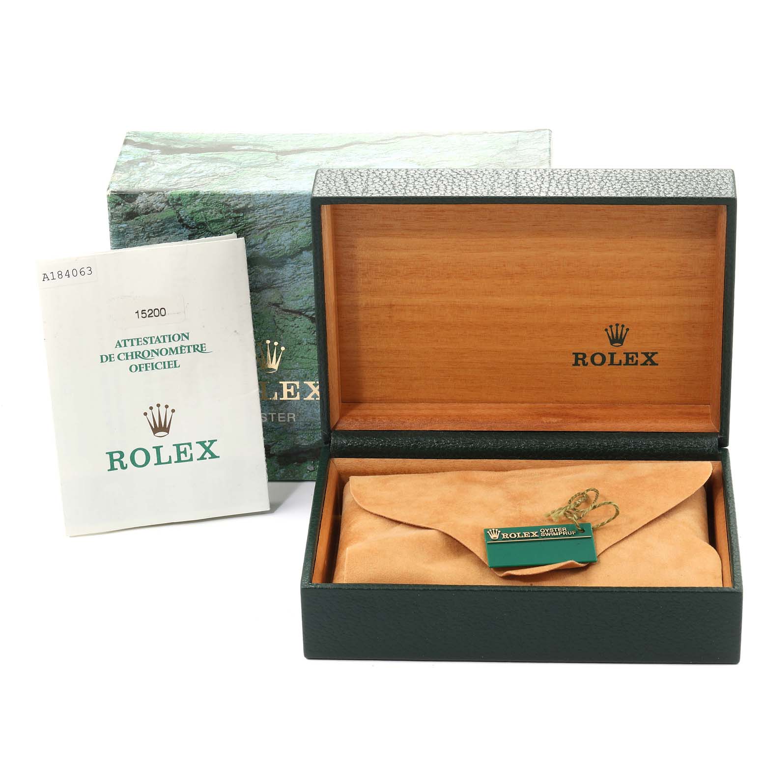 The image shows a Rolex Date 15200 Men's Stainless Steel Black Dial 15200 Men's Stainless Steel Black Dial model watch box, an outer sleeve, a certificate, and a suede pouch.