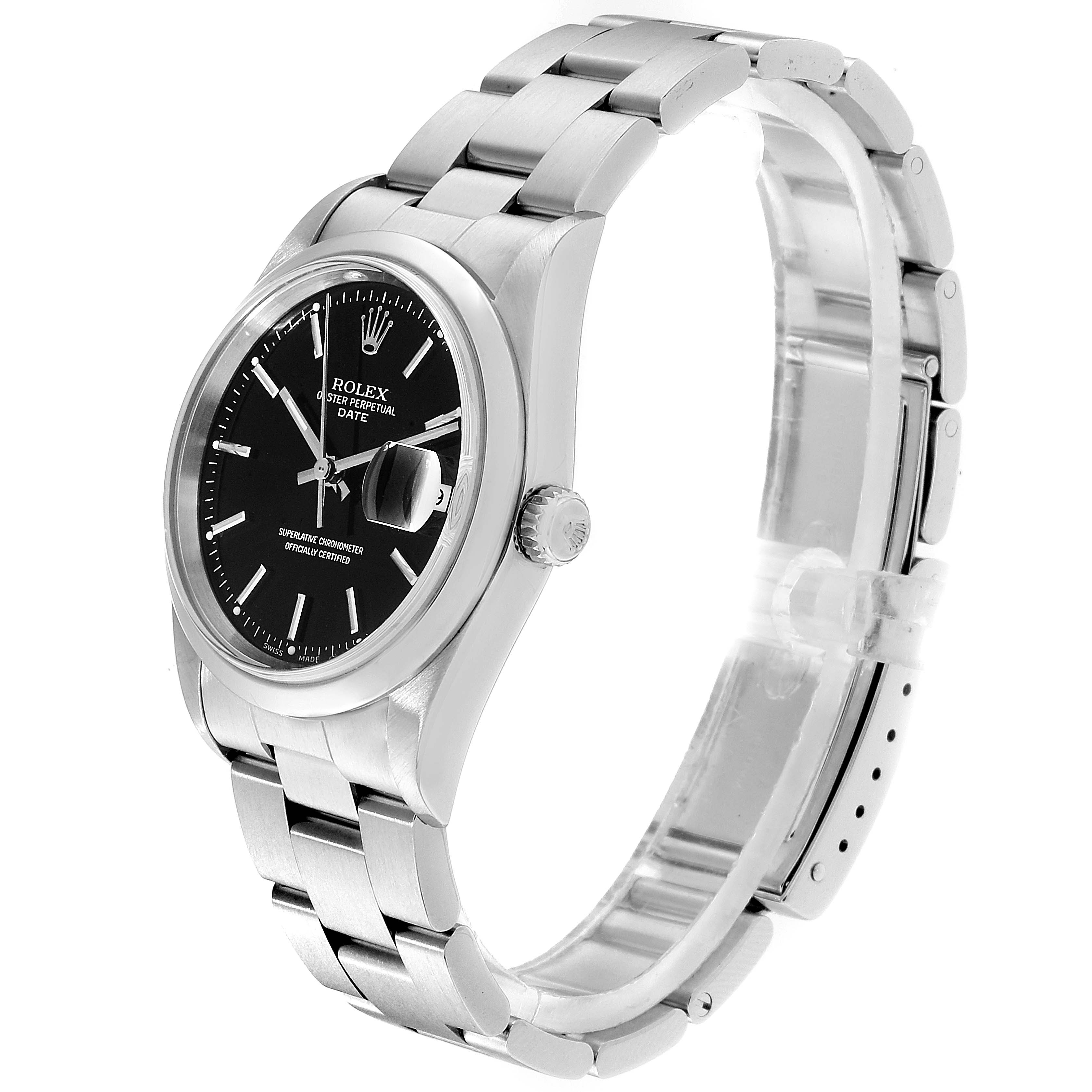 The image shows a side and front angle of the Rolex Date 15200 Men's Stainless Steel Black Dial 15200 Men's Stainless Steel Black Dial model watch with a black dial and stainless steel bracelet.