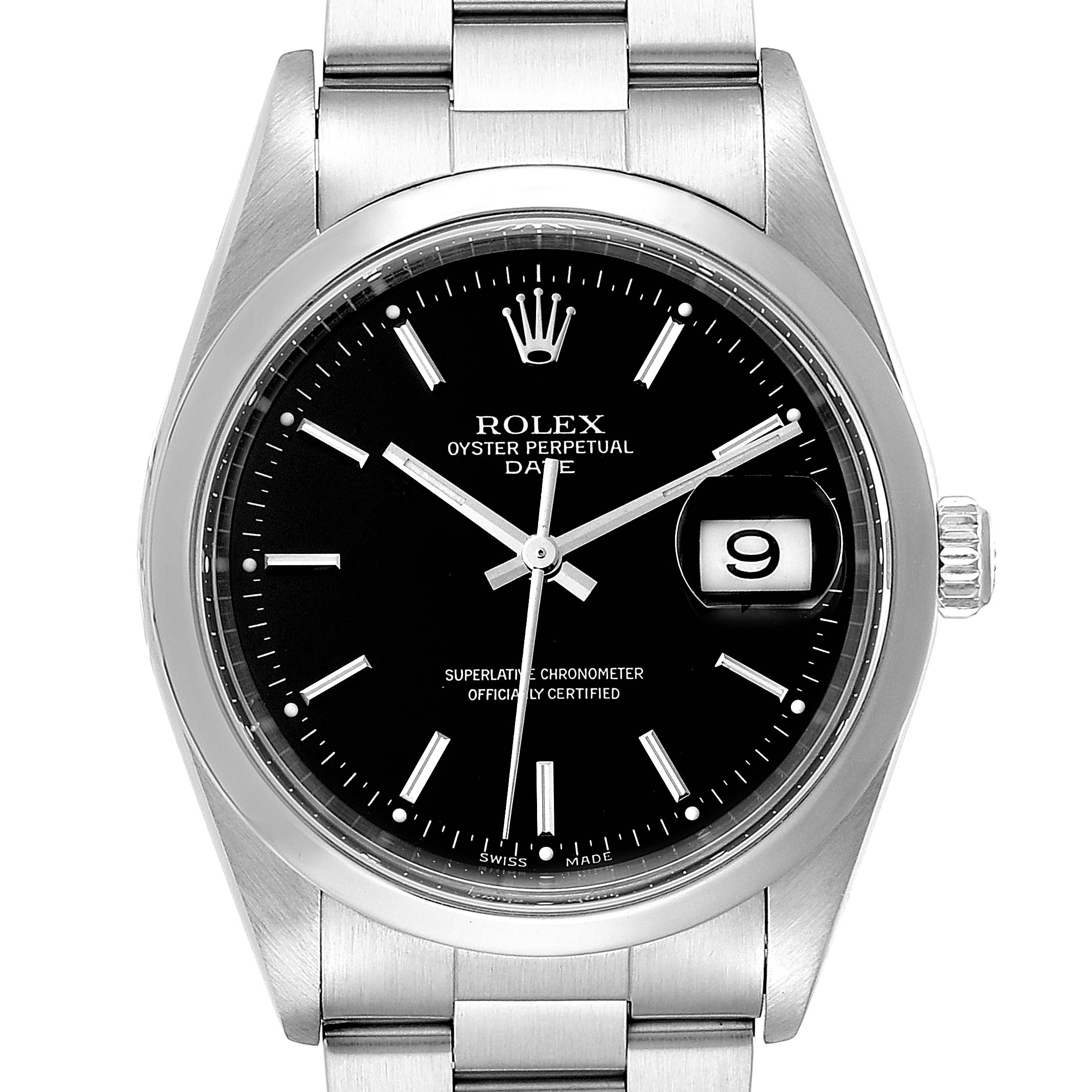 The image shows a front view of a Rolex Oyster Perpetual Date watch, highlighting its black dial, date window, and stainless steel bracelet.