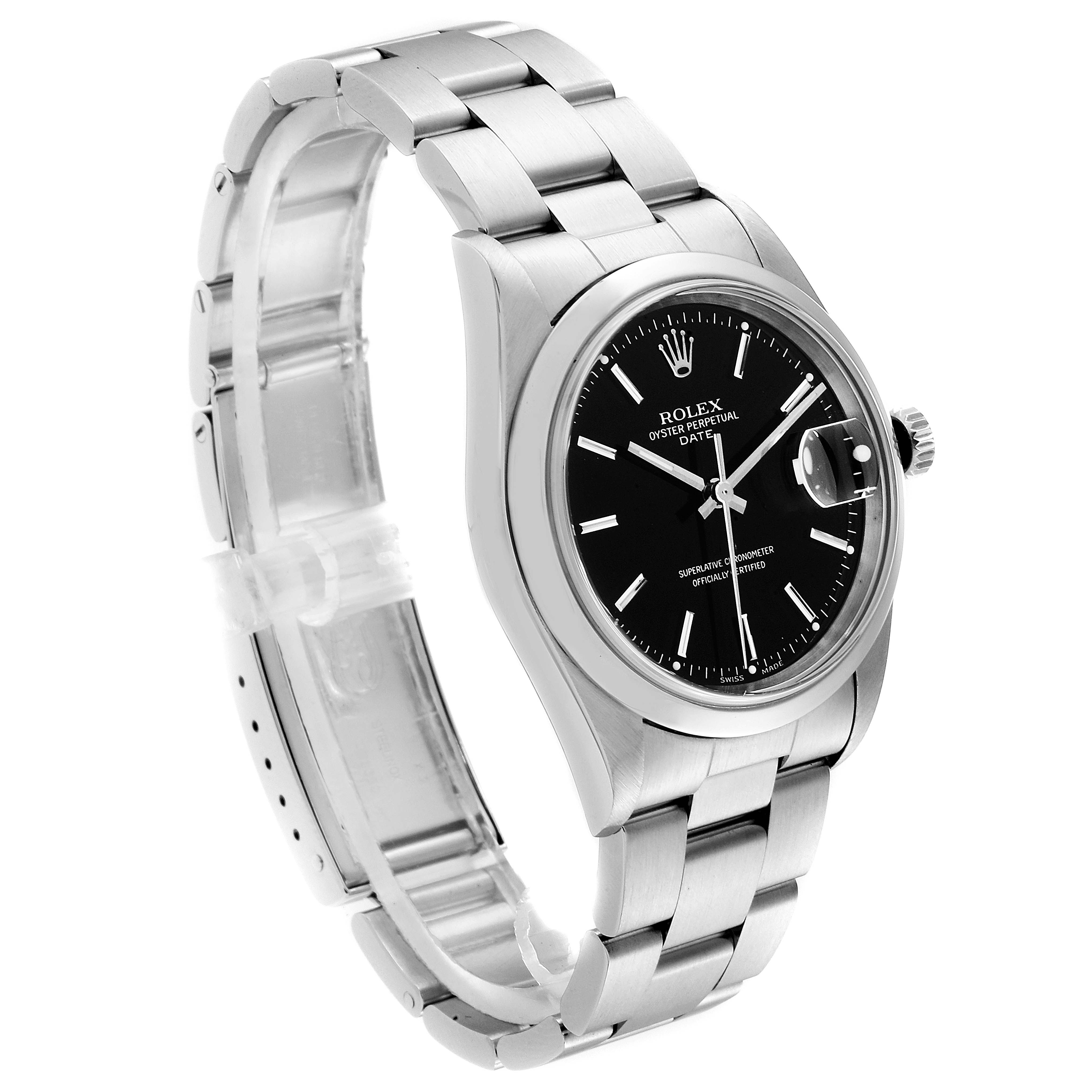 This image shows a side and front angle of the Rolex Date 15200 Men's Stainless Steel Black Dial 15200 Men's Stainless Steel Black Dial model watch with its metal bracelet and black dial.