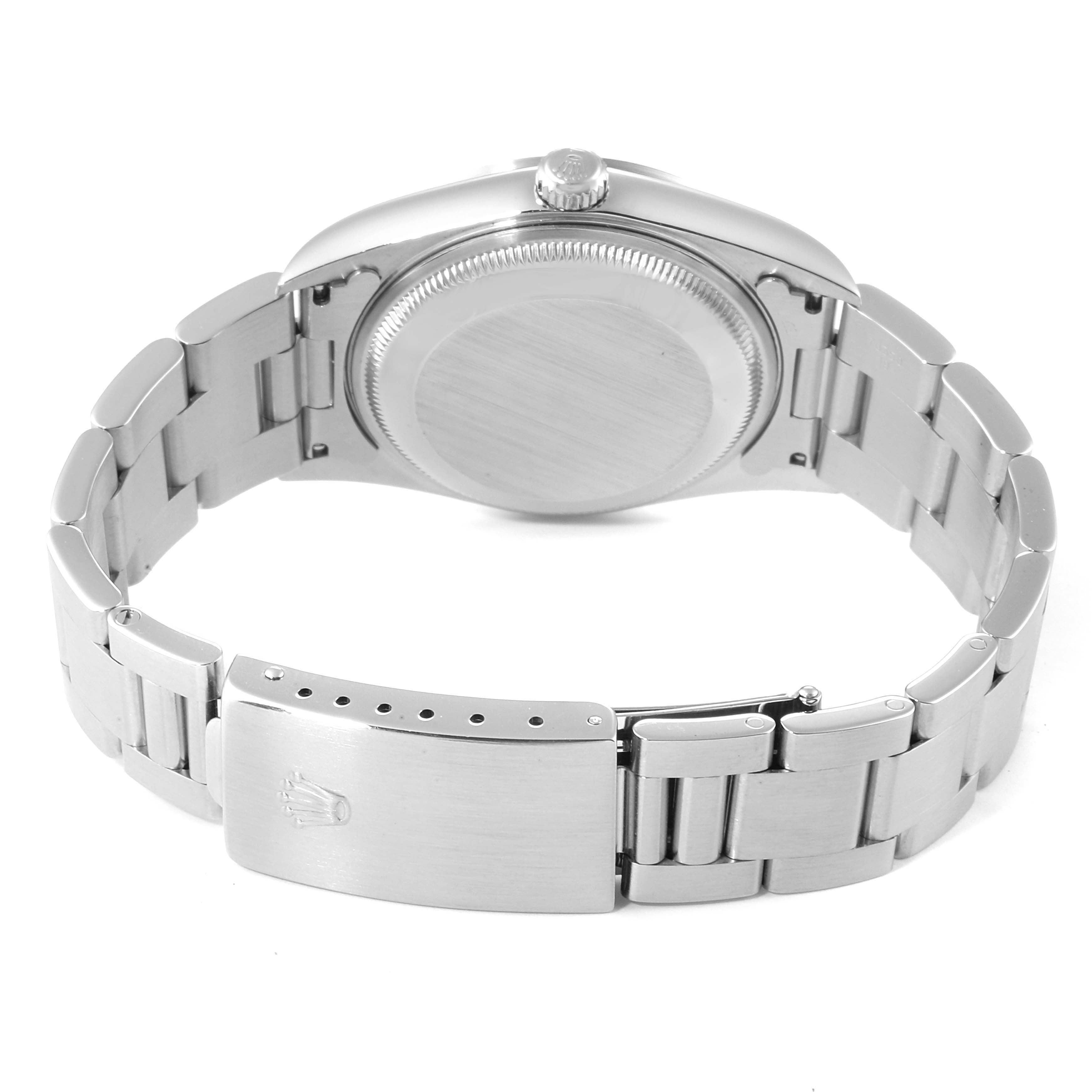 The image shows the back and clasp of a Rolex Date 15200 Men's Stainless Steel Black Dial 15200 Men's Stainless Steel Black Dial model watch, highlighting the watch case, bracelet, and clasp with the Rolex logo.