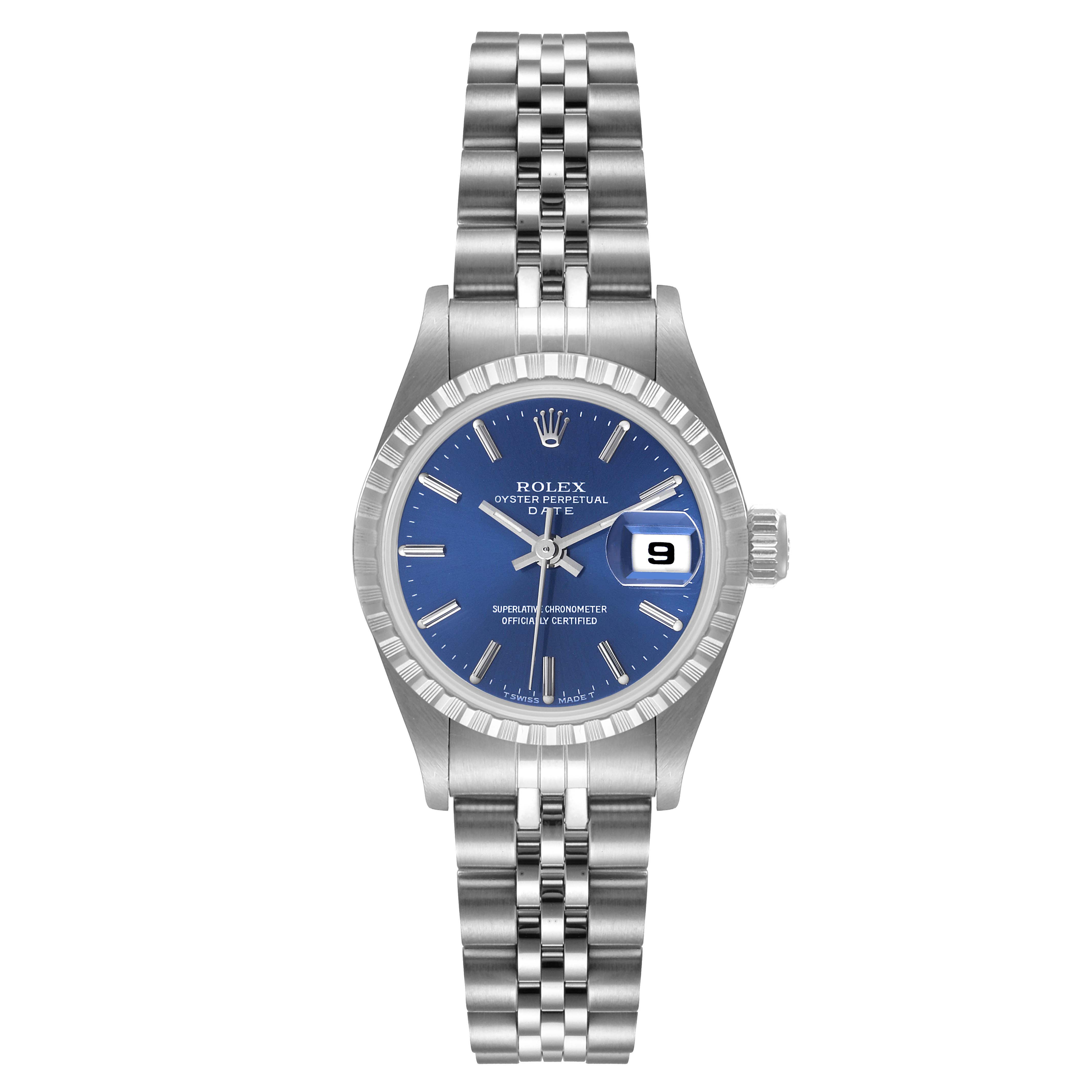 The image shows a front view of a Rolex Date 69240 Women's Stainless Steel Blue Dial 69240 Women's Stainless Steel Blue Dial model watch, featuring its blue dial, fluted bezel, and Jubilee bracelet.