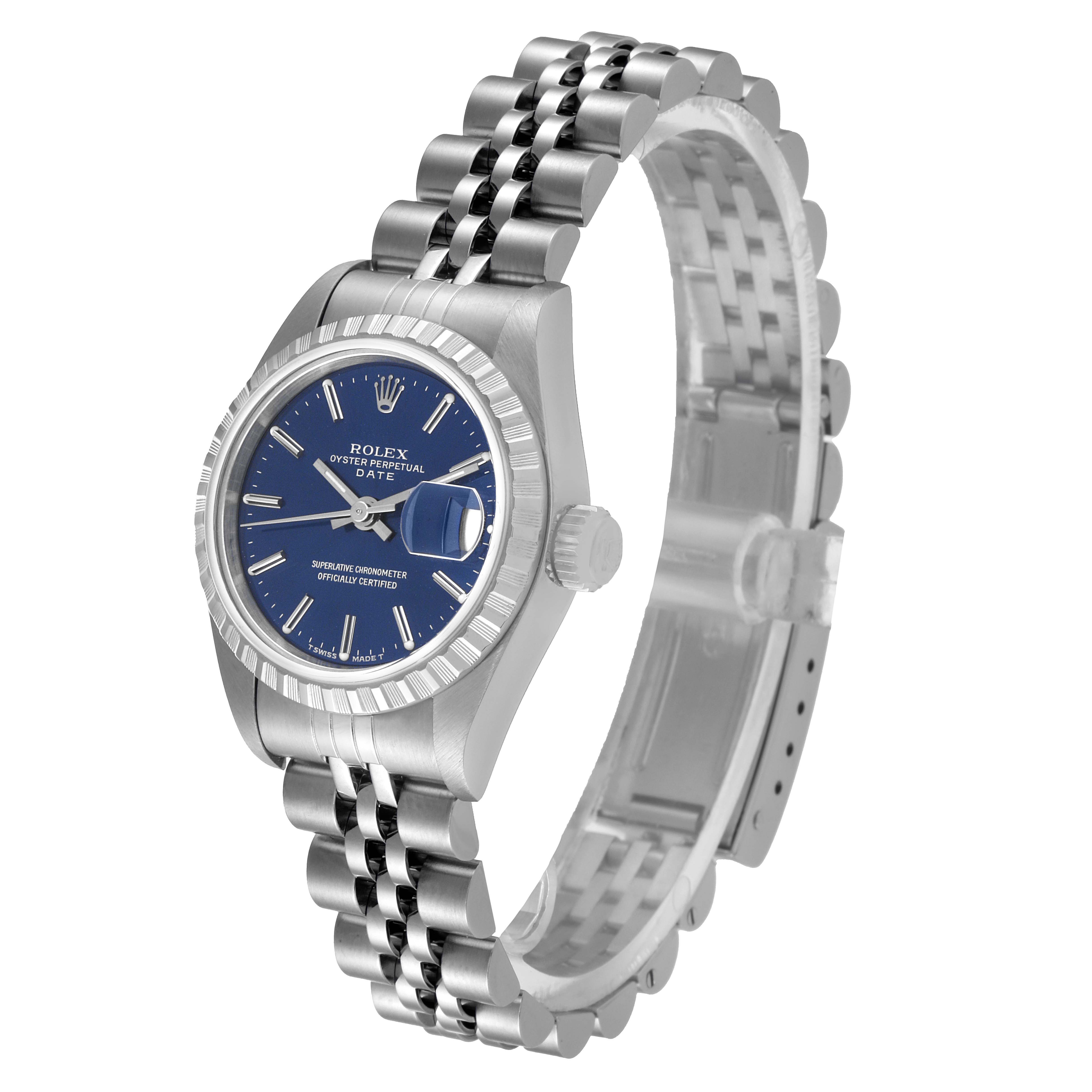 The image displays a Rolex Date 69240 Women's Stainless Steel Blue Dial 69240 Women's Stainless Steel Blue Dial model watch at a front angle, showing the dial, bezel, crown, and bracelet.
