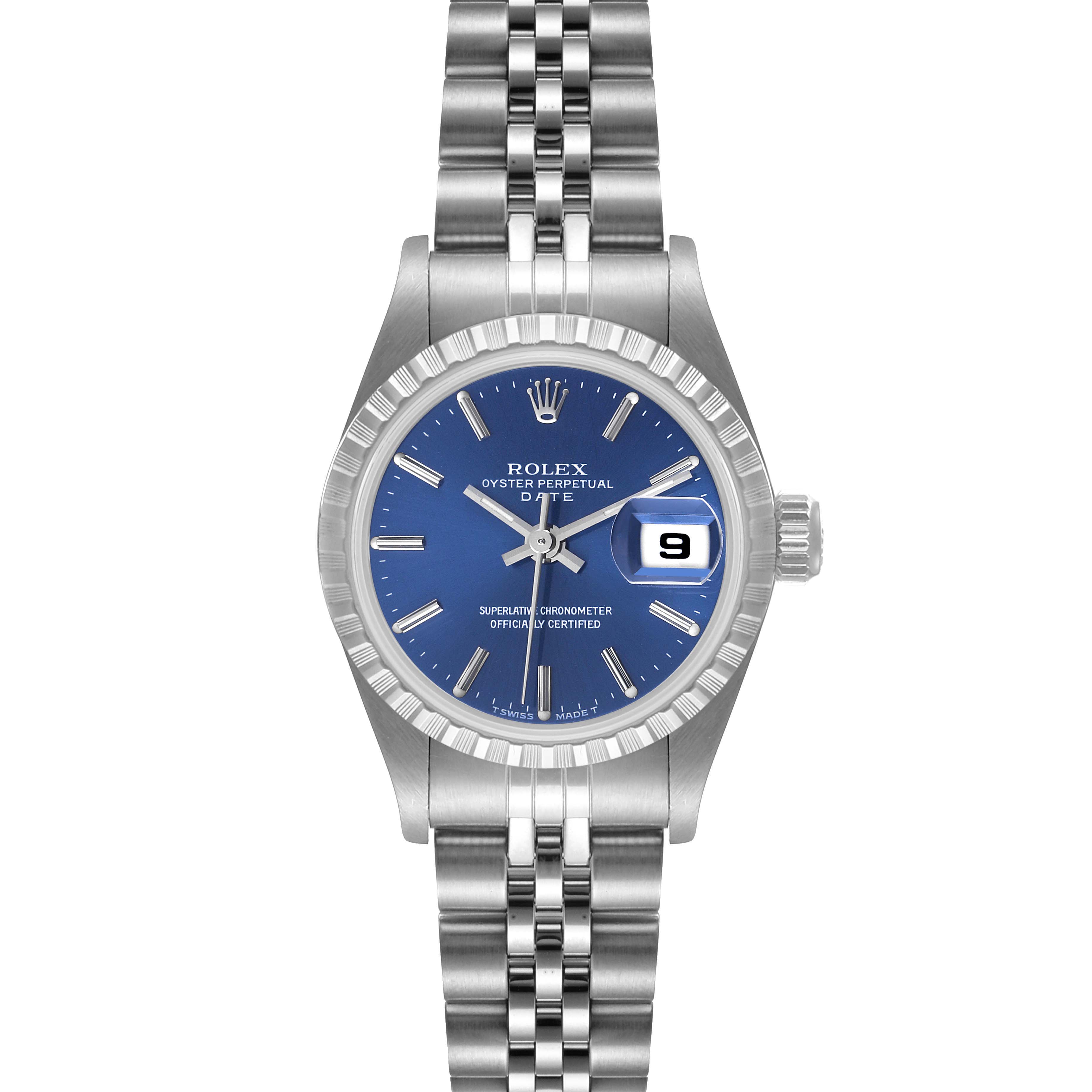This image shows a front view of a Rolex Date 69240 Women's Stainless Steel Blue Dial 69240 Women's Stainless Steel Blue Dial model watch with a blue dial, fluted bezel, and jubilee bracelet.