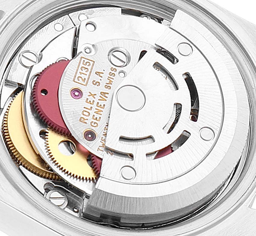The image shows the movement mechanism of a Rolex Date 69240 Women's Stainless Steel Blue Dial 69240 Women's Stainless Steel Blue Dial model watch from the back side.