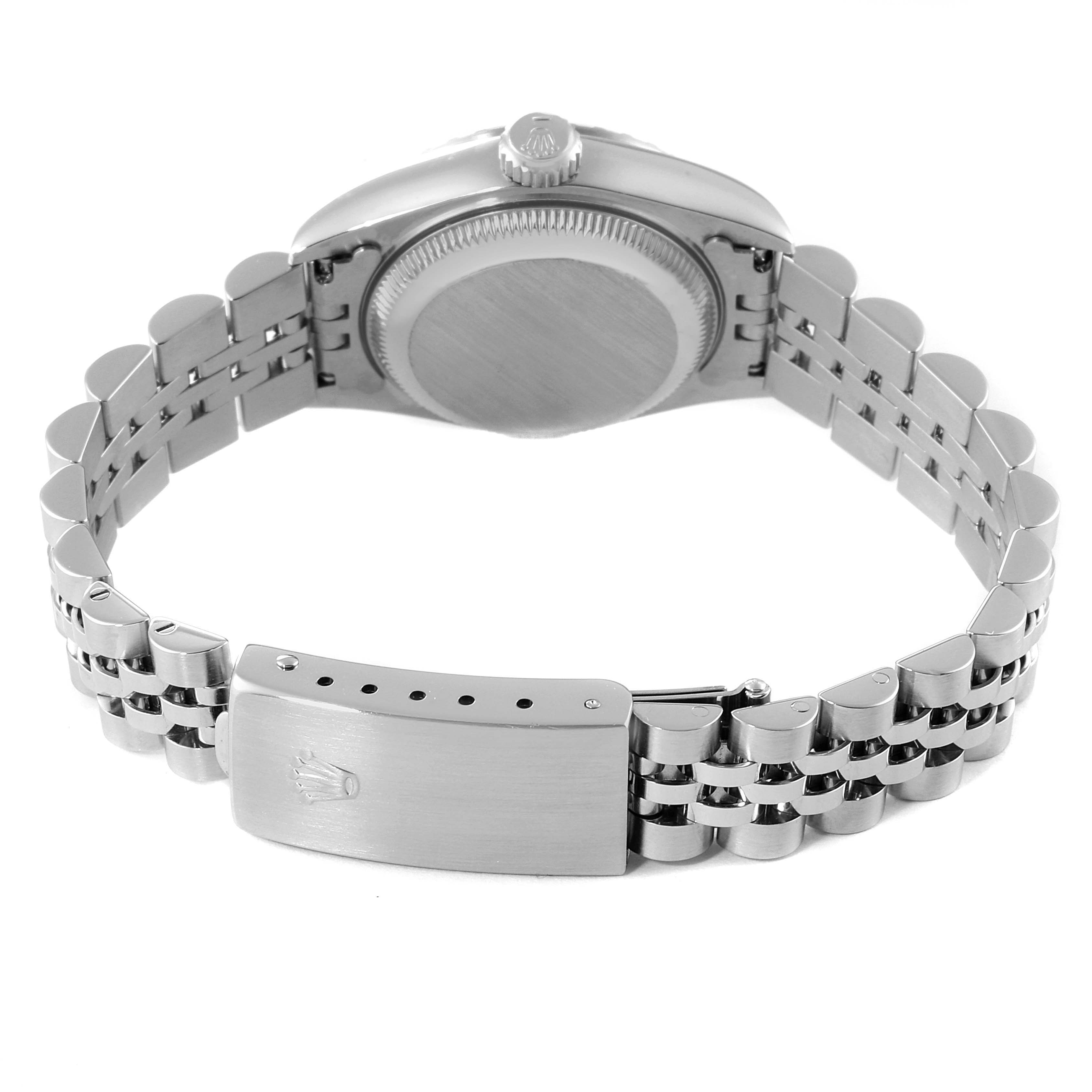 The image shows the back view of a Rolex Date 69240 Women's Stainless Steel Blue Dial 69240 Women's Stainless Steel Blue Dial model watch, highlighting the clasp, bracelet links, and caseback.