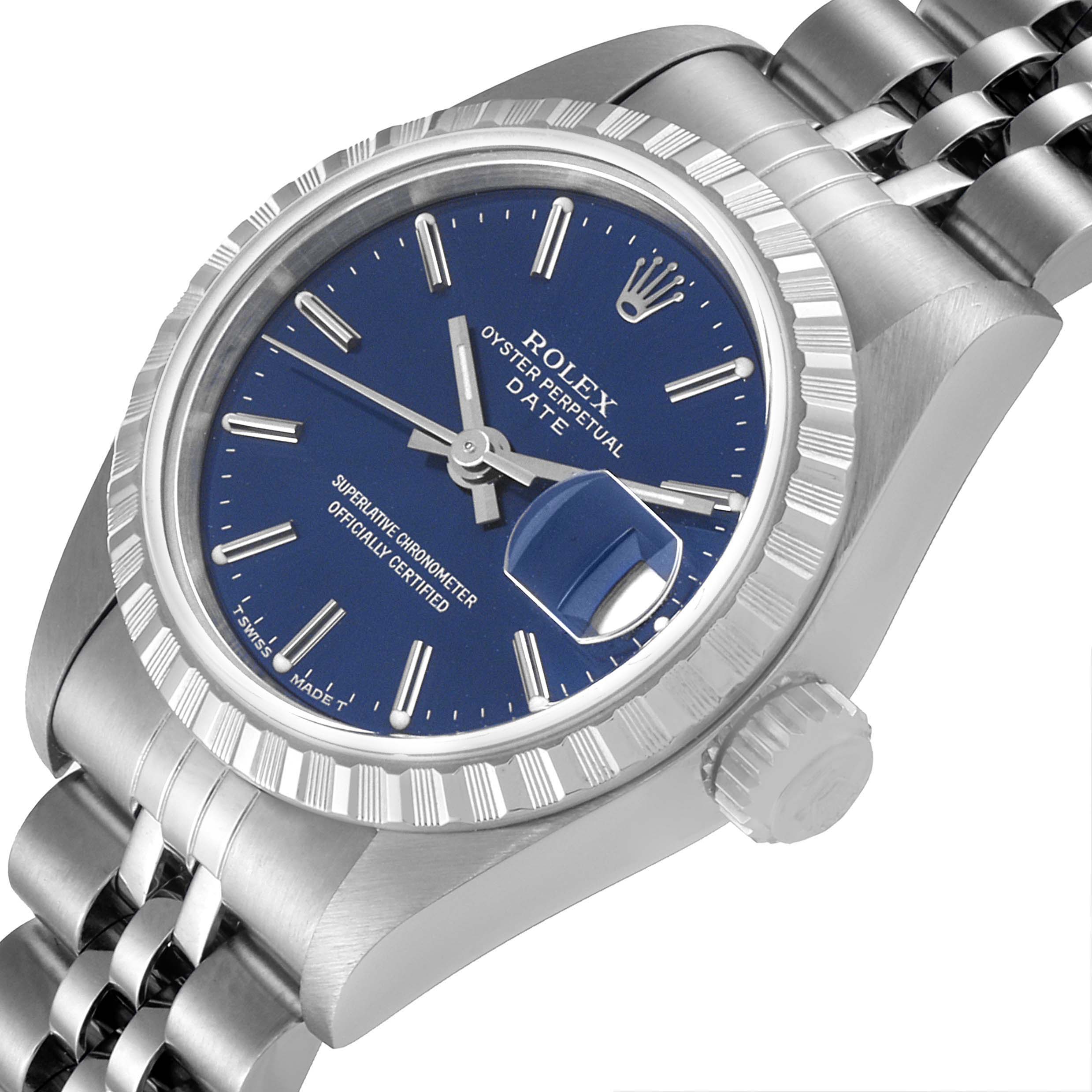This image shows a close-up, angled view of the Rolex Date 69240 Women's Stainless Steel Blue Dial 69240 Women's Stainless Steel Blue Dial model watch, highlighting its blue dial, fluted bezel, and Jubilee bracelet.