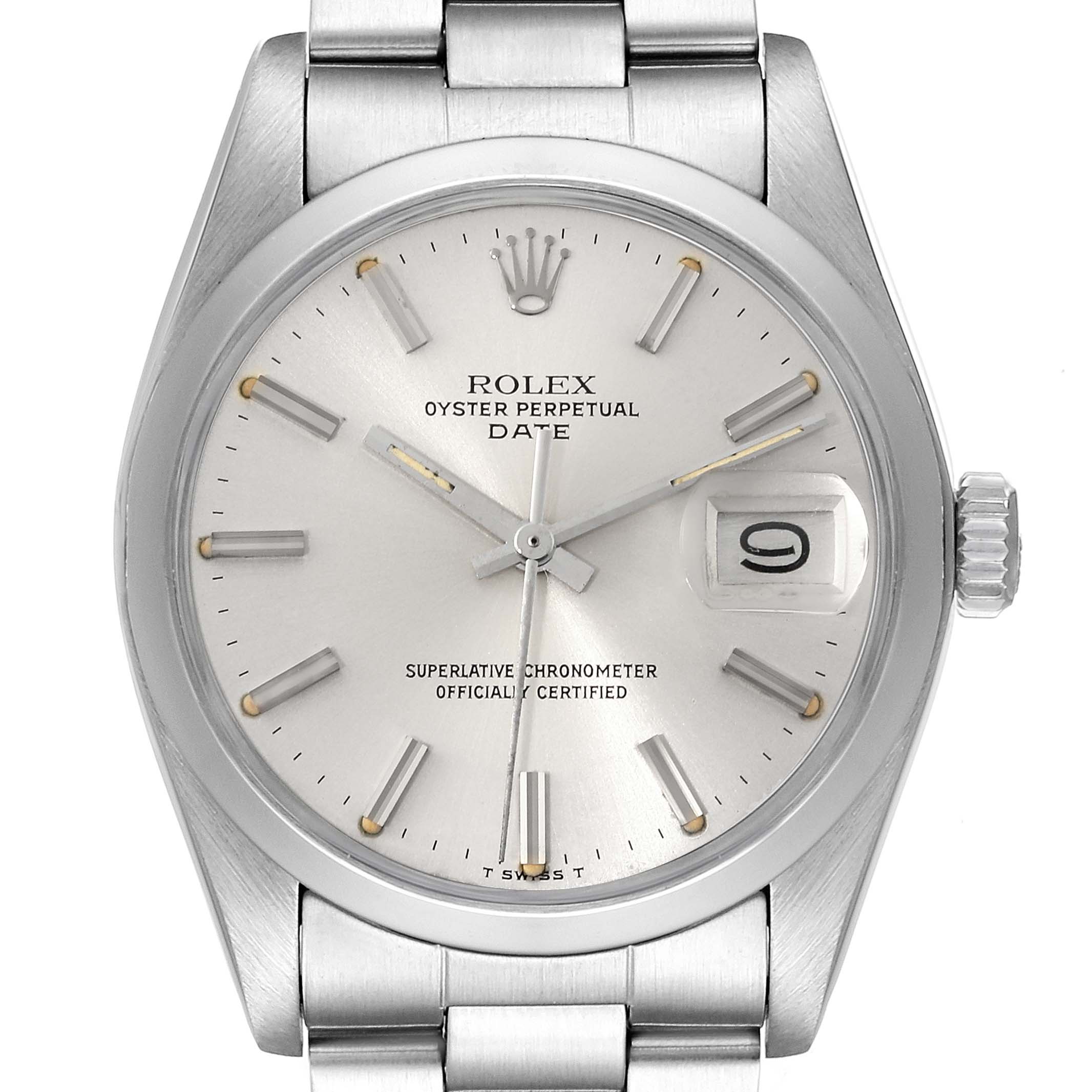 This is a close-up view of a Rolex Vintage Collection 1500 Men's Stainless Steel Silver Dial 1500 Men's Stainless Steel Silver Dial Oyster Perpetual Date watch, showing the dial, hands, date window, and bracelet.