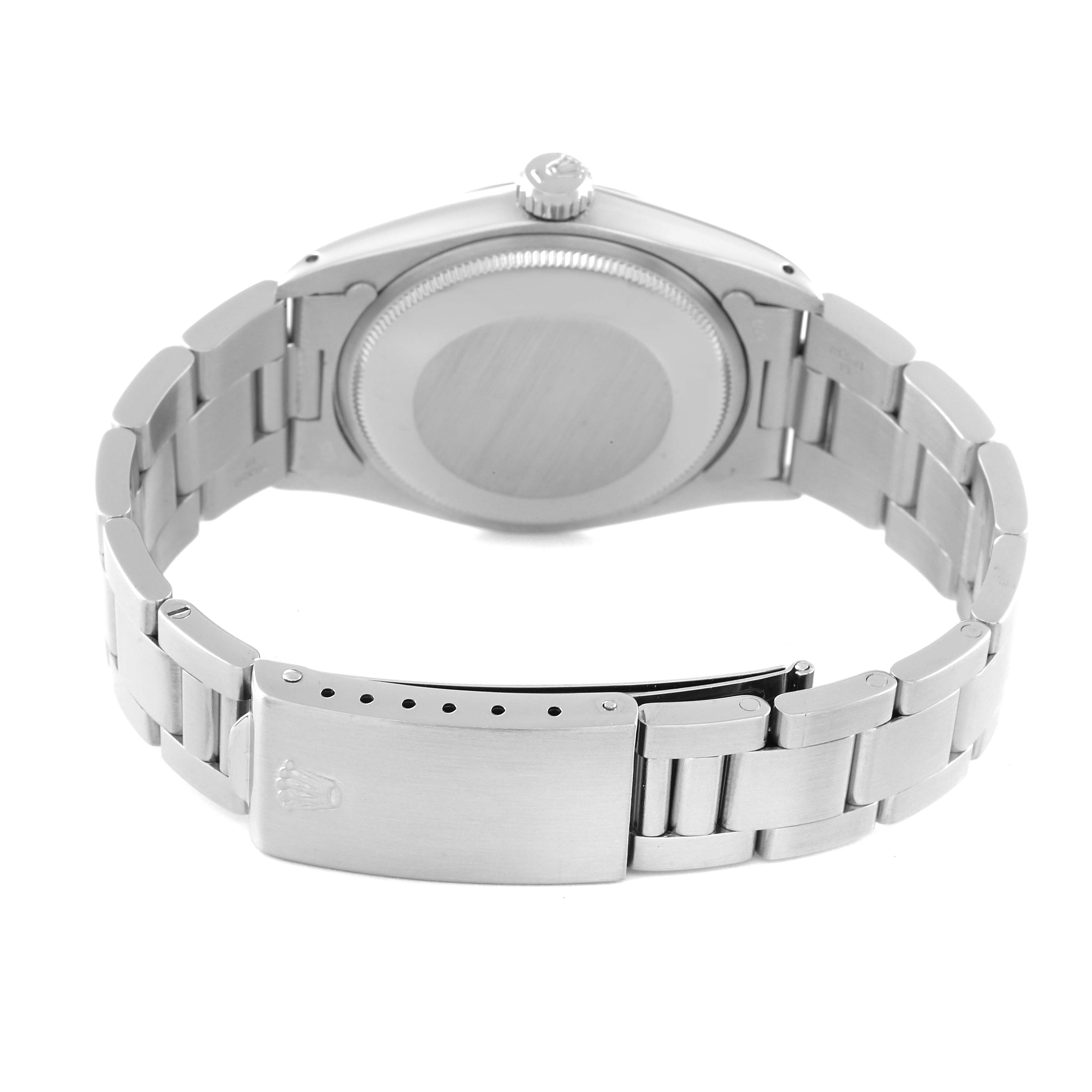 The image shows the back view of the Rolex Vintage Collection 1500 Men's Stainless Steel Silver Dial 1500 Men's Stainless Steel Silver Dial model, highlighting its case back and bracelet clasp.