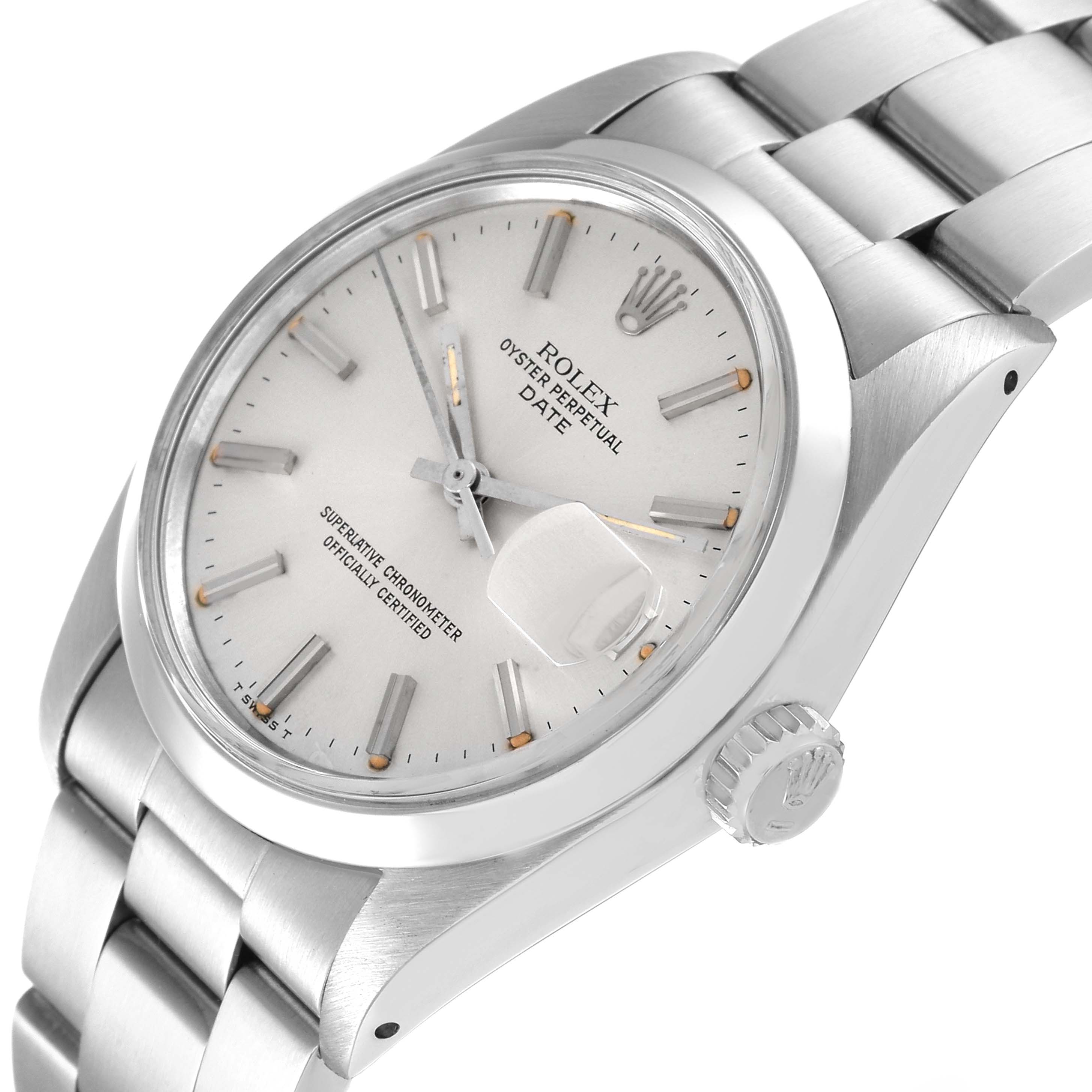 This image shows the Rolex Vintage Collection 1500 Men's Stainless Steel Silver Dial 1500 Men's Stainless Steel Silver Dial watch at a close side angle, highlighting the dial, crown, and bracelet.