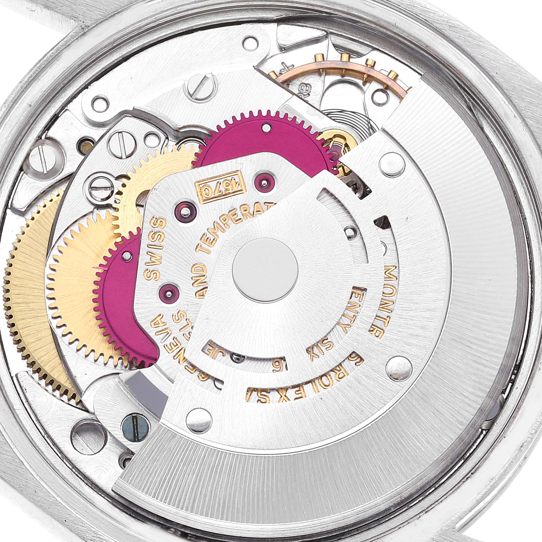 The image shows the intricate internal mechanism and gears of a Vintage Collection Rolex watch from the back view.