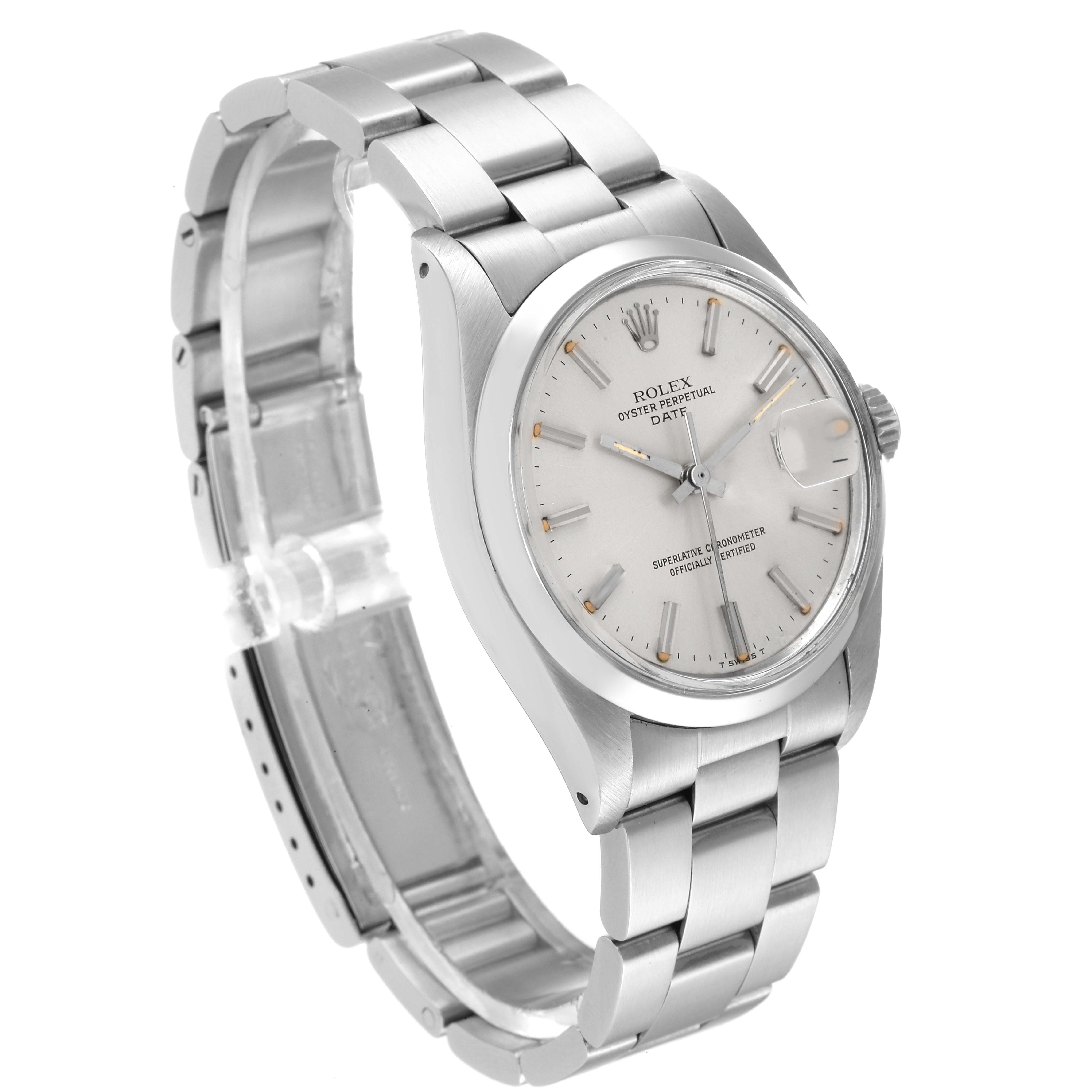The image shows a Rolex Vintage Collection 1500 Men's Stainless Steel Silver Dial 1500 Men's Stainless Steel Silver Dial Oyster Perpetual Date watch from a three-quarter angle, highlighting the dial and metal band.