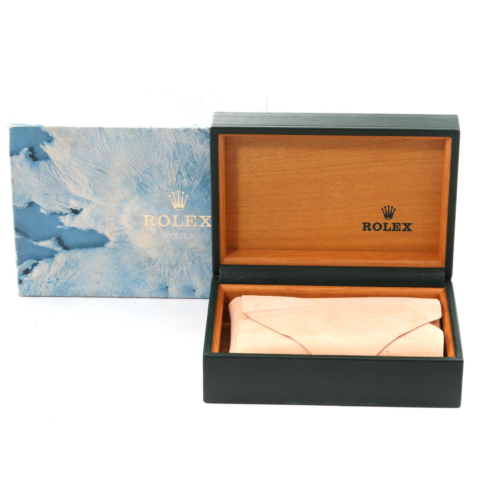 The image shows a Rolex Date 1500 Men's Stainless Steel Silver Dial 1500 Men's Stainless Steel Silver Dial model watch box and packaging from a front angle, with the watch missing.