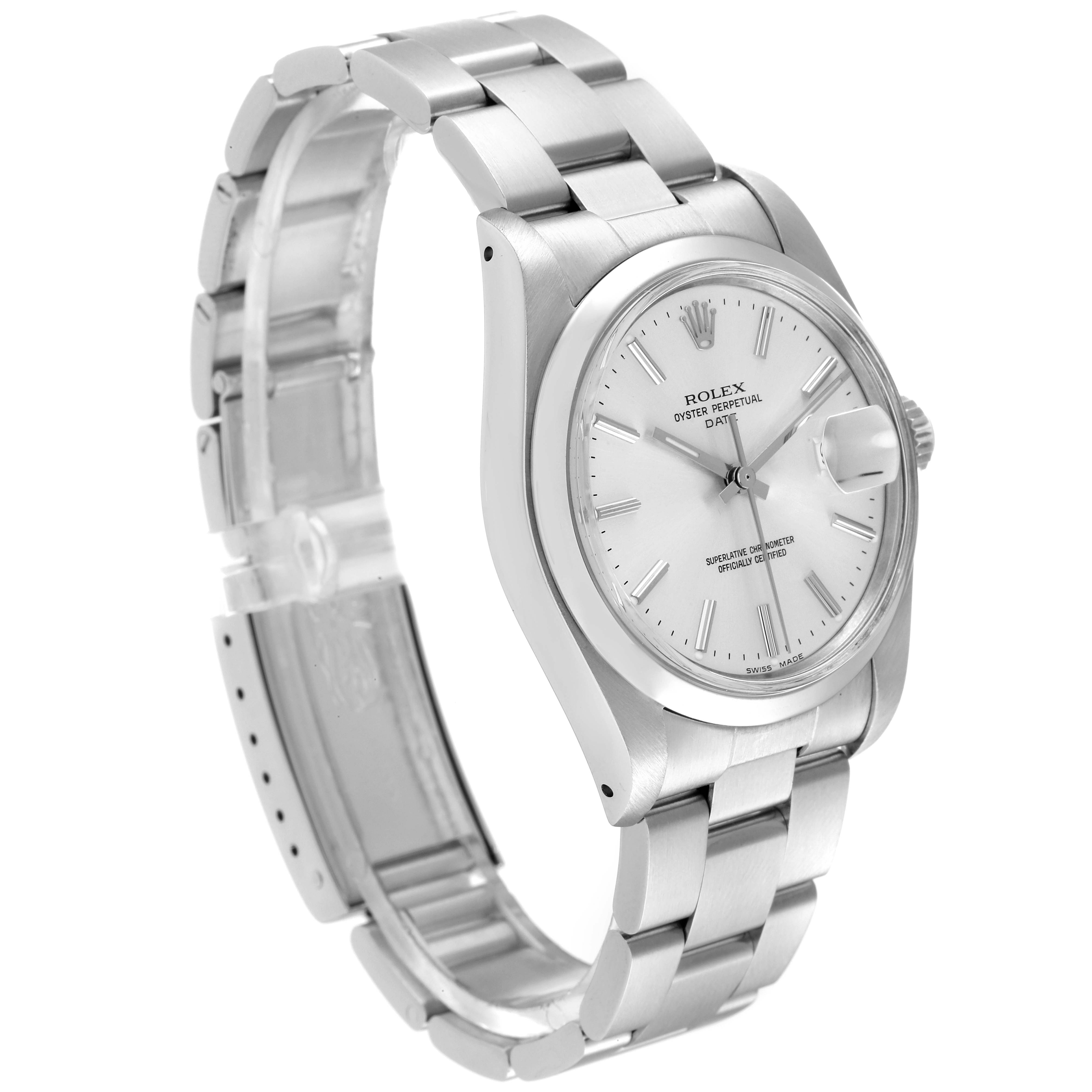The image shows a Rolex Date 1500 Men's Stainless Steel Silver Dial 1500 Men's Stainless Steel Silver Dial model watch from an angled side view, displaying its dial, bracelet, and watch case.